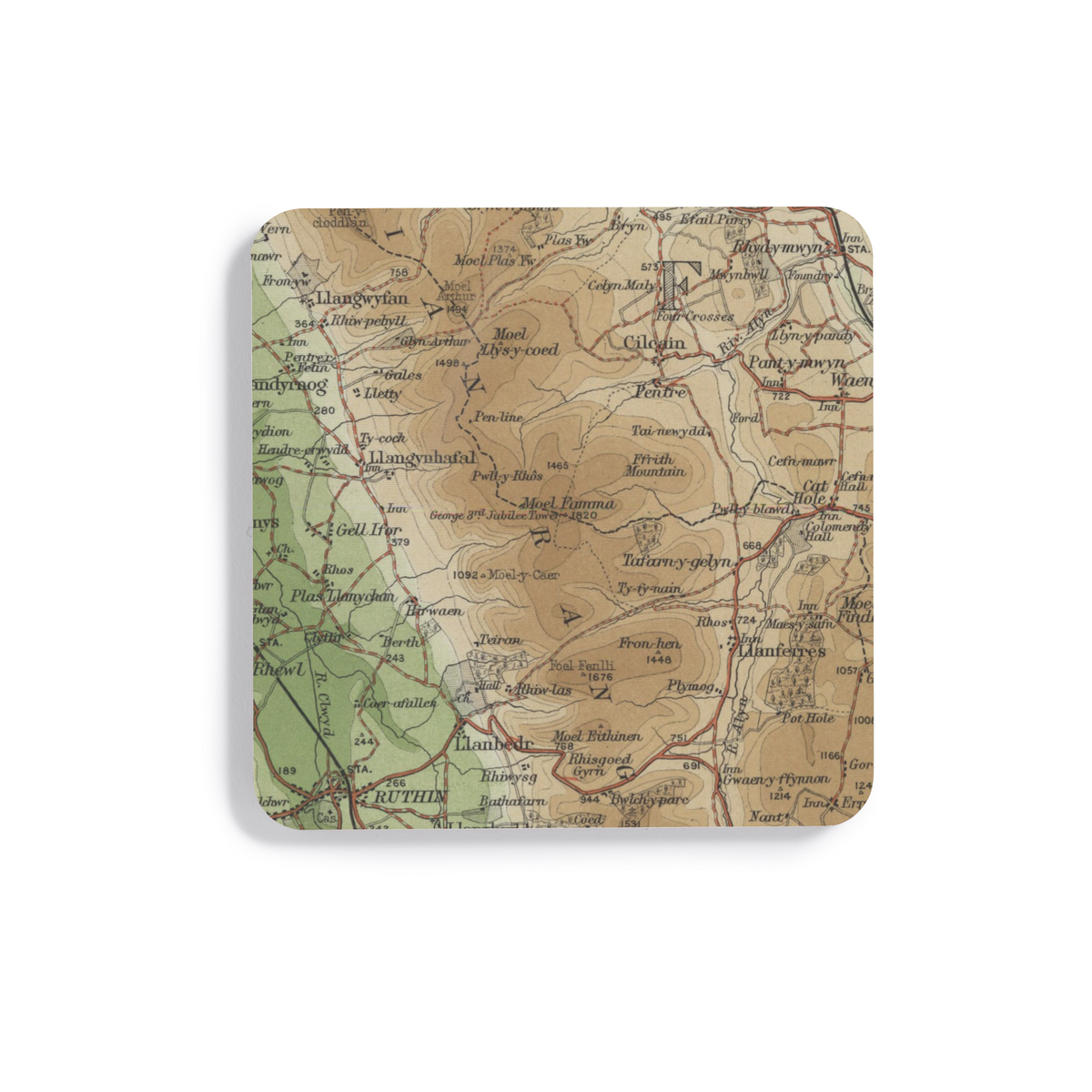 Moel Famau historic map coaster, Bartholomew Half-Inch, 1902 — product view 2
