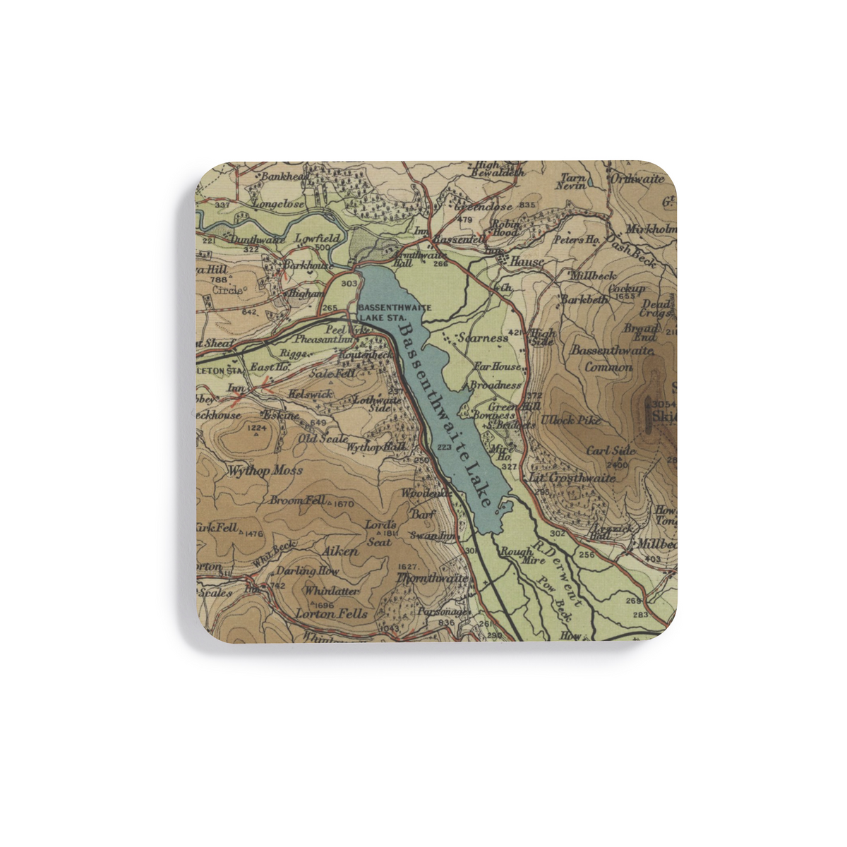 Bassenthwaite Lake historic map coaster, Bartholomew Half-Inch, 1903 — product view 2