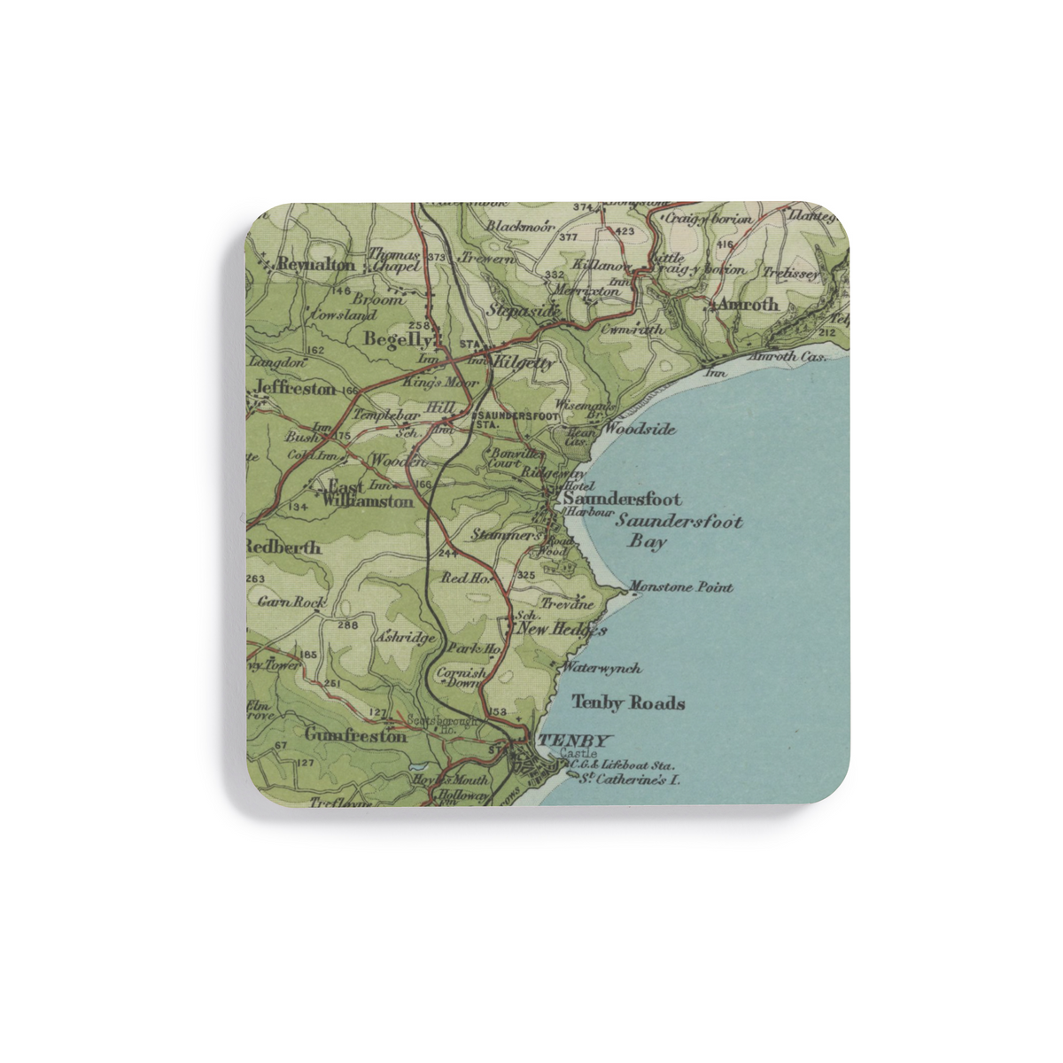Saundersfoot historic map coaster, Bartholomew Half-Inch, 1903 — product view 2