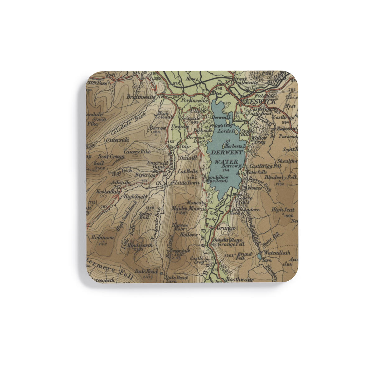 Cat Bells historic map coaster, Bartholomew Half-Inch, 1903 — product view 2