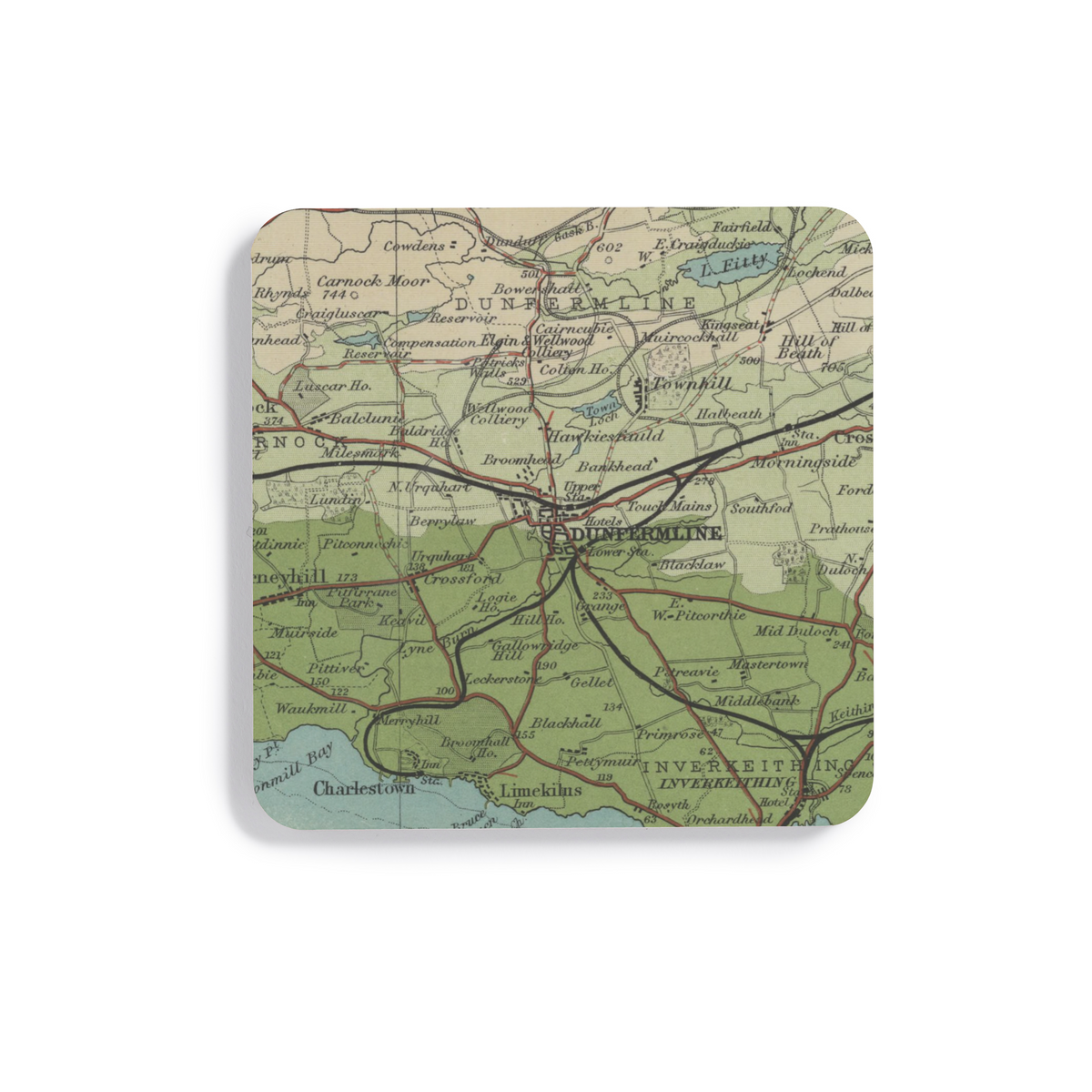 Dunfermline historic map coaster, Bartholomew Half-Inch, 1903 — product view 2