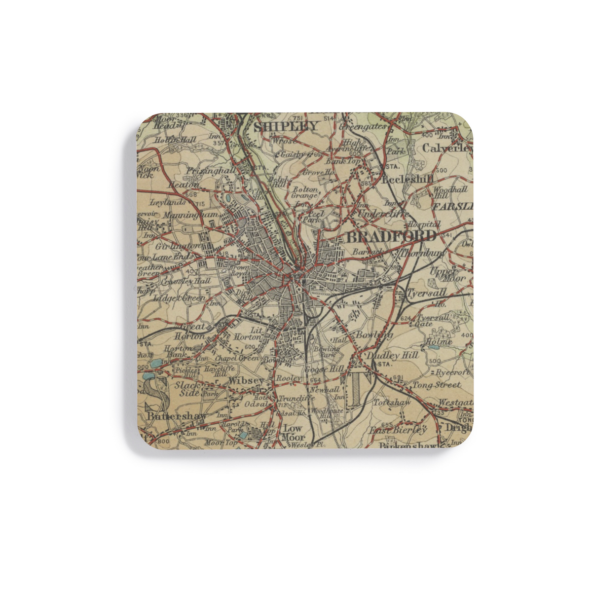 Bradford historic map coaster, Bartholomew Half-Inch, 1906 — product view 2