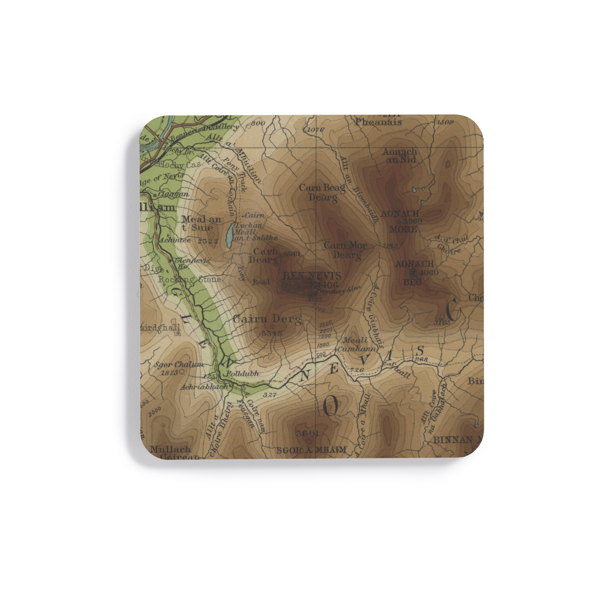 Ben Nevis historic map coaster, Bartholomew Half-Inch, 1904 — product view 2