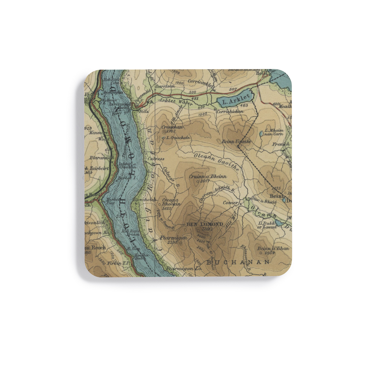 Ben Lomond historic map coaster, Bartholomew Half-Inch, 1903 — product view 2