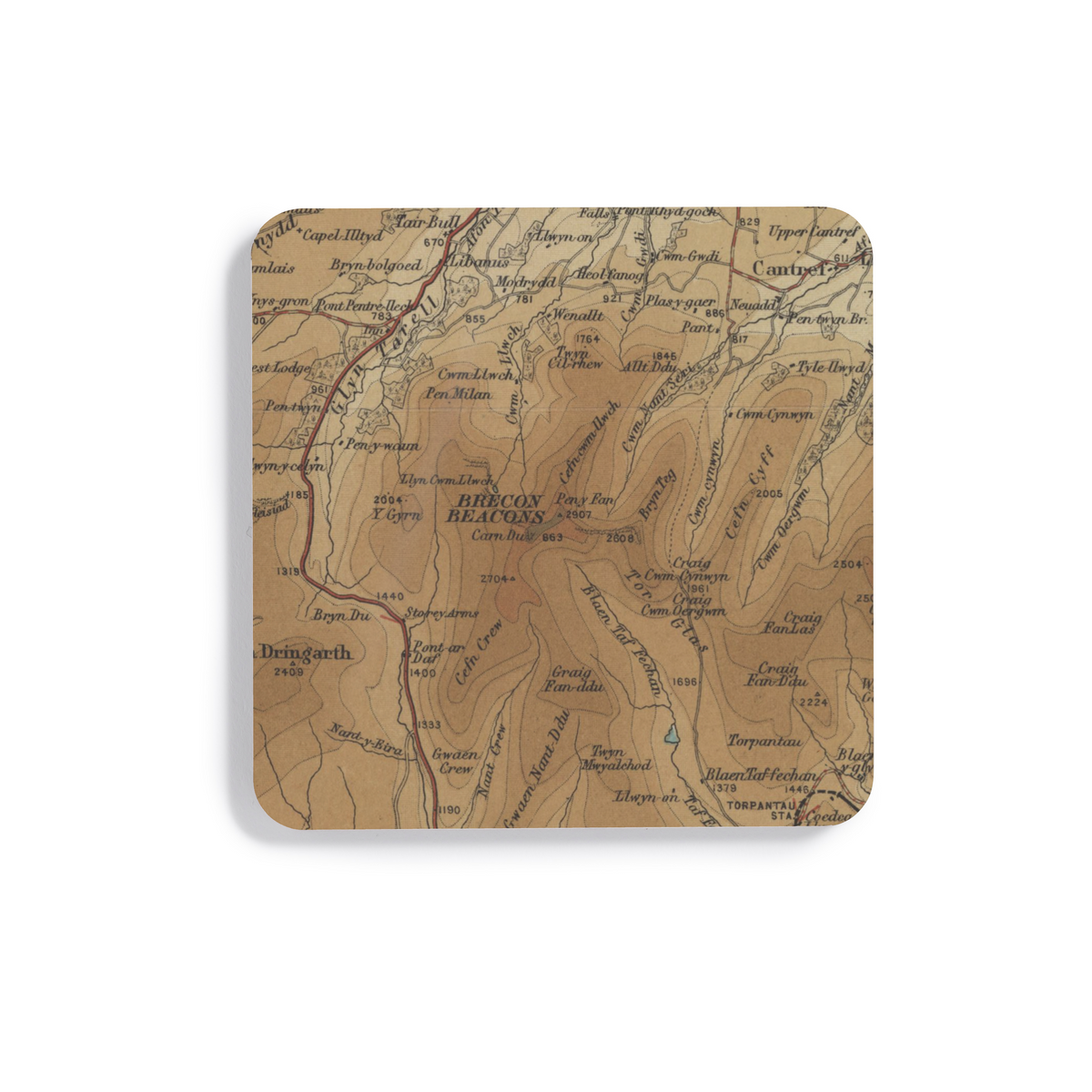 Pen y Fan historic map coaster, Bartholomew Half-Inch, 1903 — product view 2