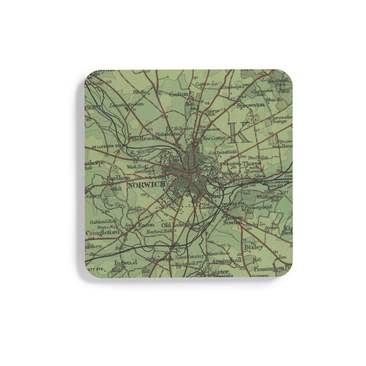 Norwich historic map coaster, Bartholomew Half-Inch, 1903 — product view 2