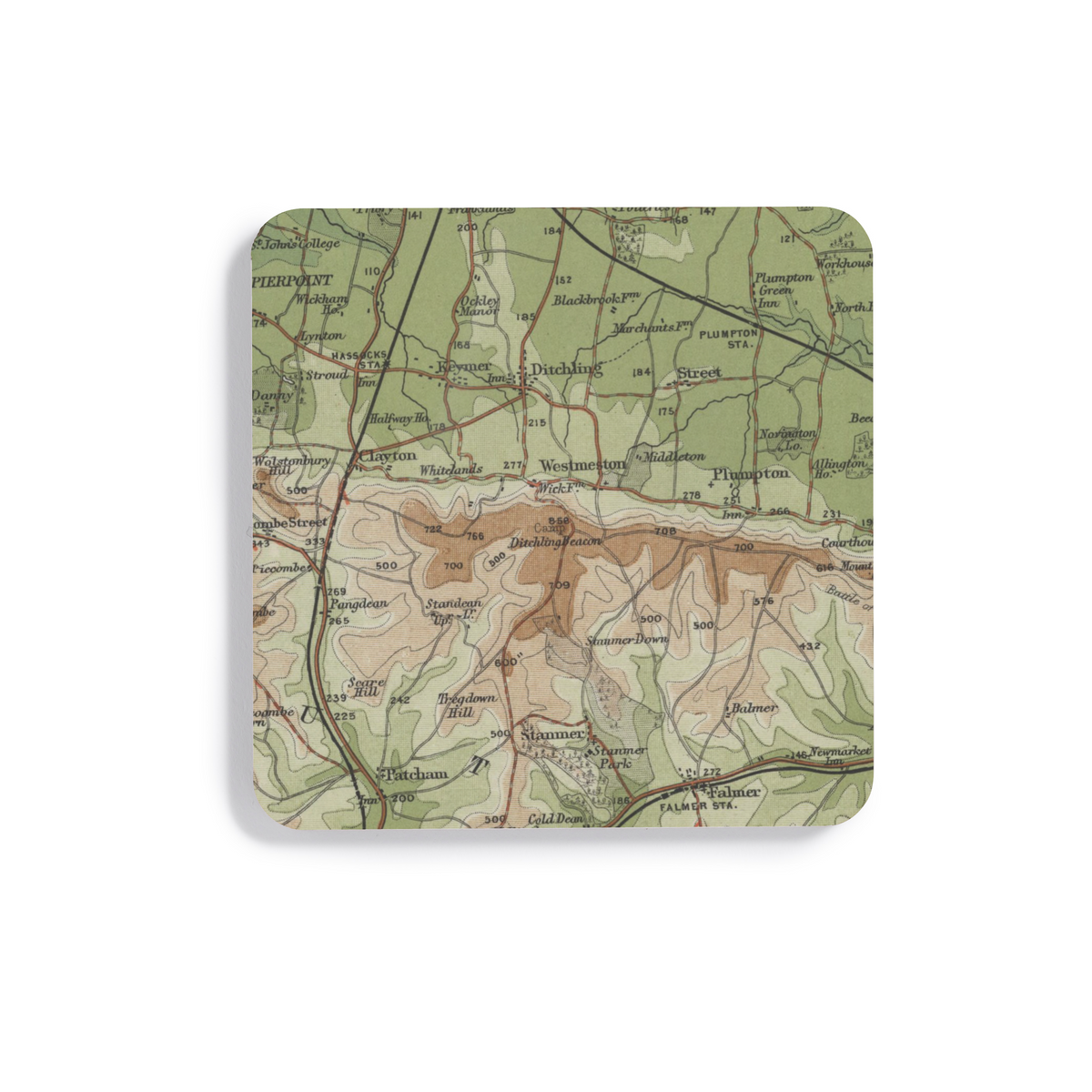 Ditchling Beacon historic map coaster, Bartholomew Half-Inch, 1902 — product view 2