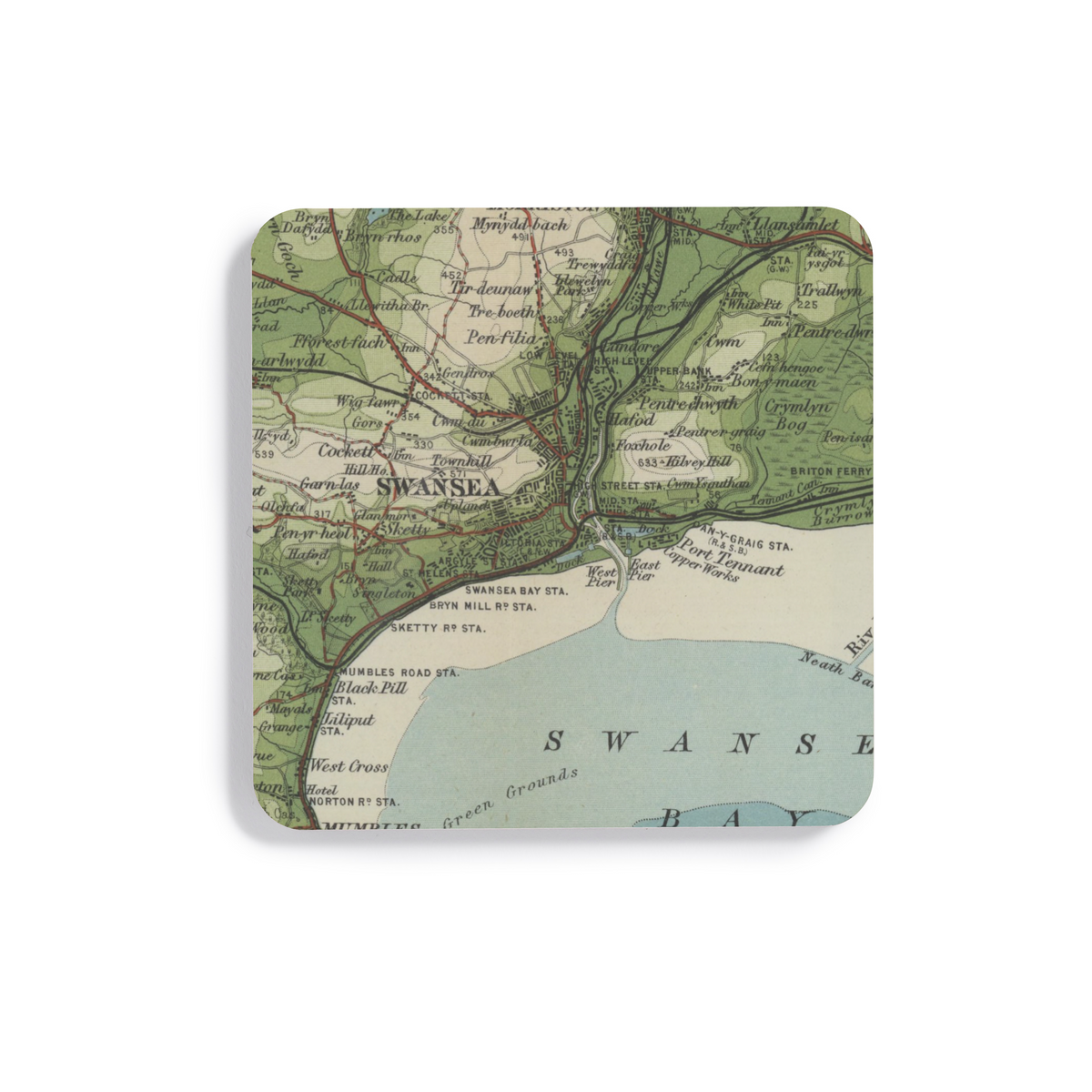 Swansea historic map coaster, Bartholomew Half-Inch, 1904 — product view 2