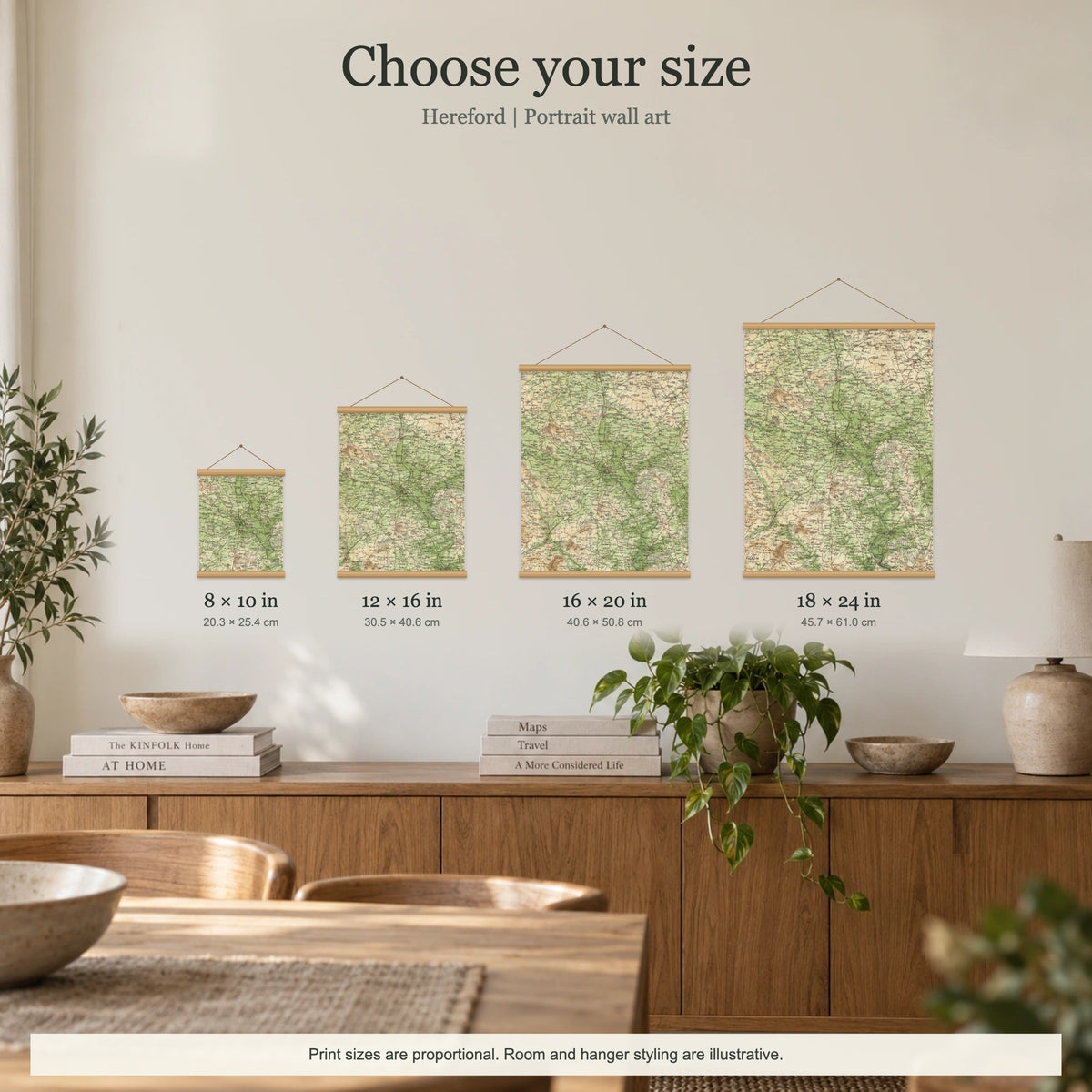 Hereford historic map print, Bartholomew Half-Inch, 1902 — 8 × 10 in · portrait, Canvas, black hanger and Canvas, natural oak hanger and Canvas, white hanger and Fine art paper, black hanger and Fine art paper, natural oak hanger and Fine art paper, no hanger and Fine art paper, white hanger, size room mockup portrait