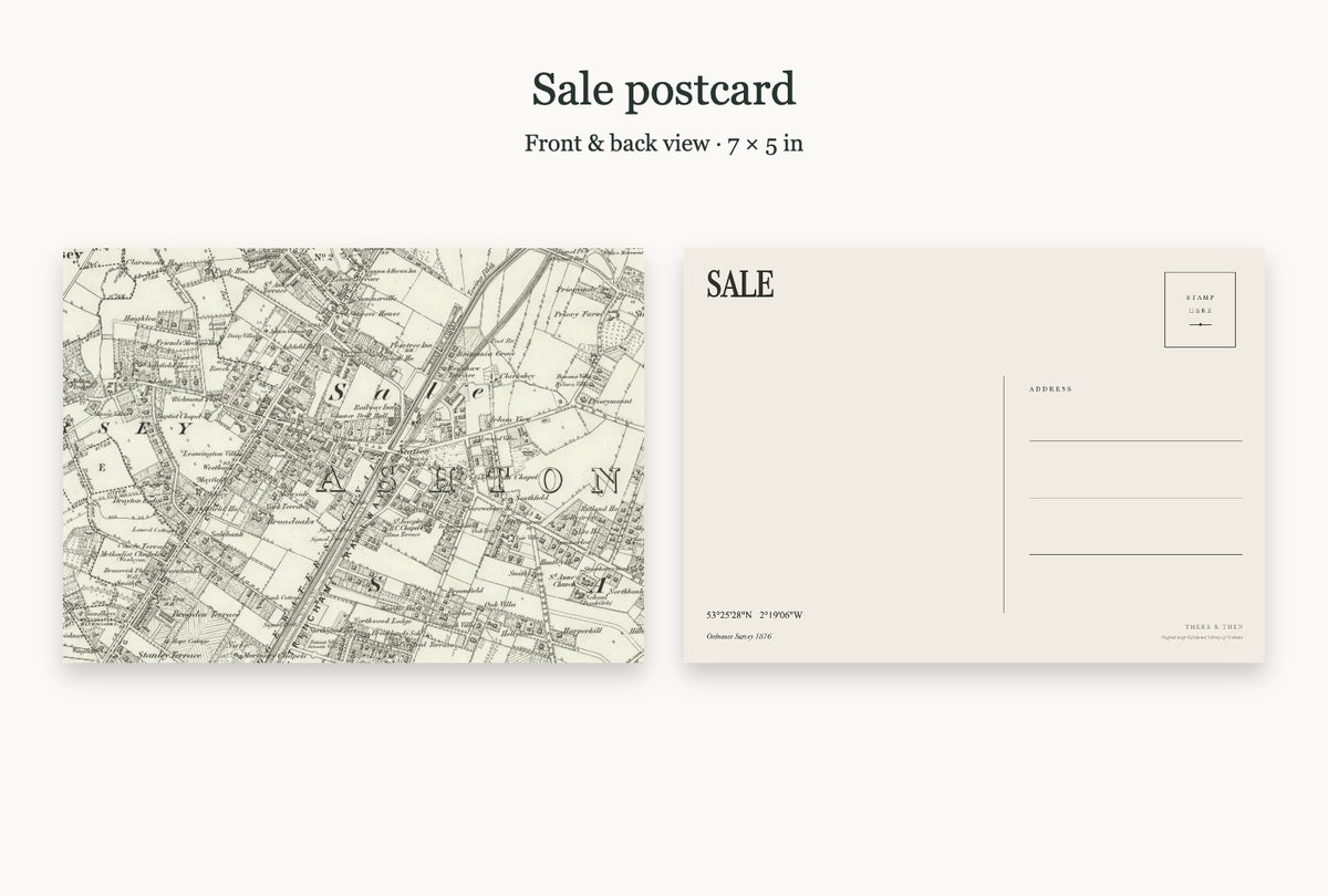 Sale historic map postcard, OS Six-inch First Edition, 1876 — 7 × 5 in · matt card · Kraft envelope, postcard front back mockup