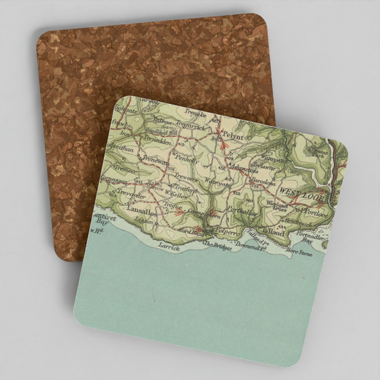 Polperro historic map coaster, Bartholomew Half-Inch, 1903