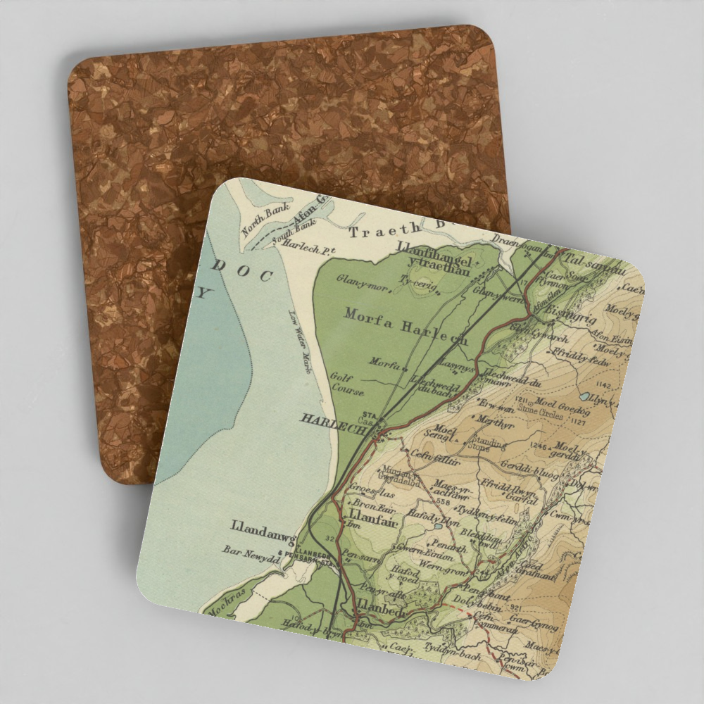 Harlech historic map coaster, Bartholomew Half-Inch, 1904