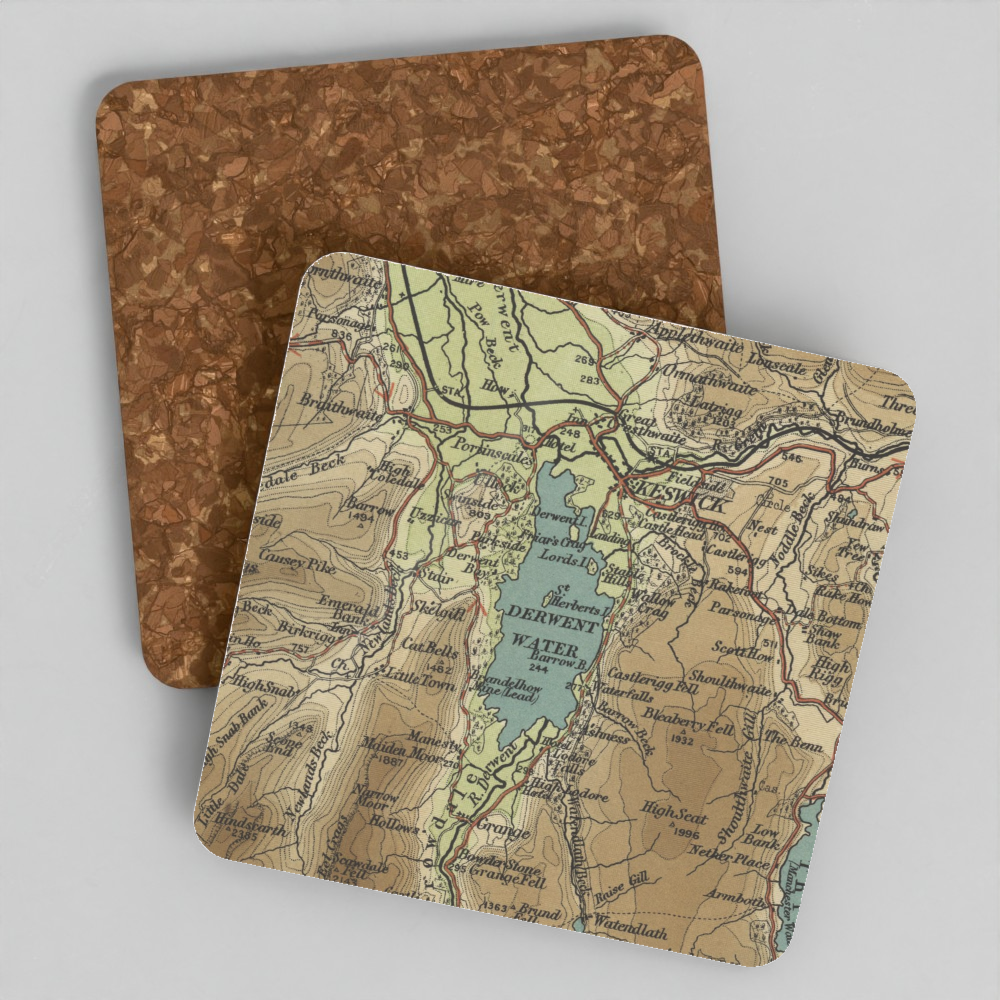 Derwentwater historic map coaster, Bartholomew Half-Inch, 1903