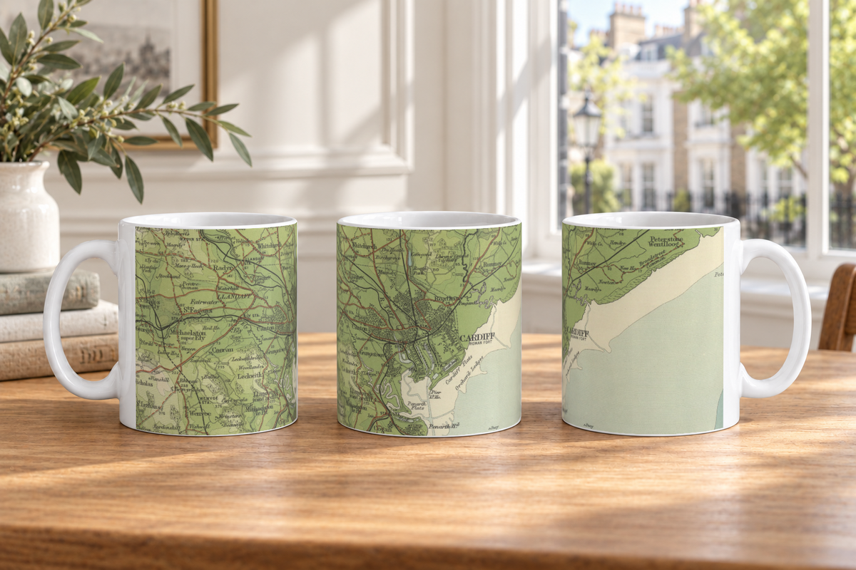 Cardiff historic map mug, Bartholomew Half-Inch, 1904