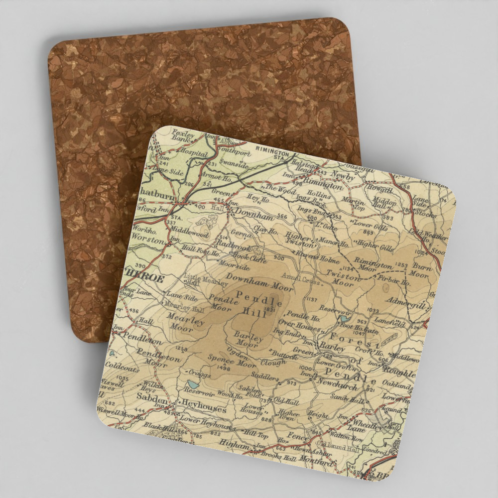 Pendle Hill historic map coaster, Bartholomew Half-Inch, 1906