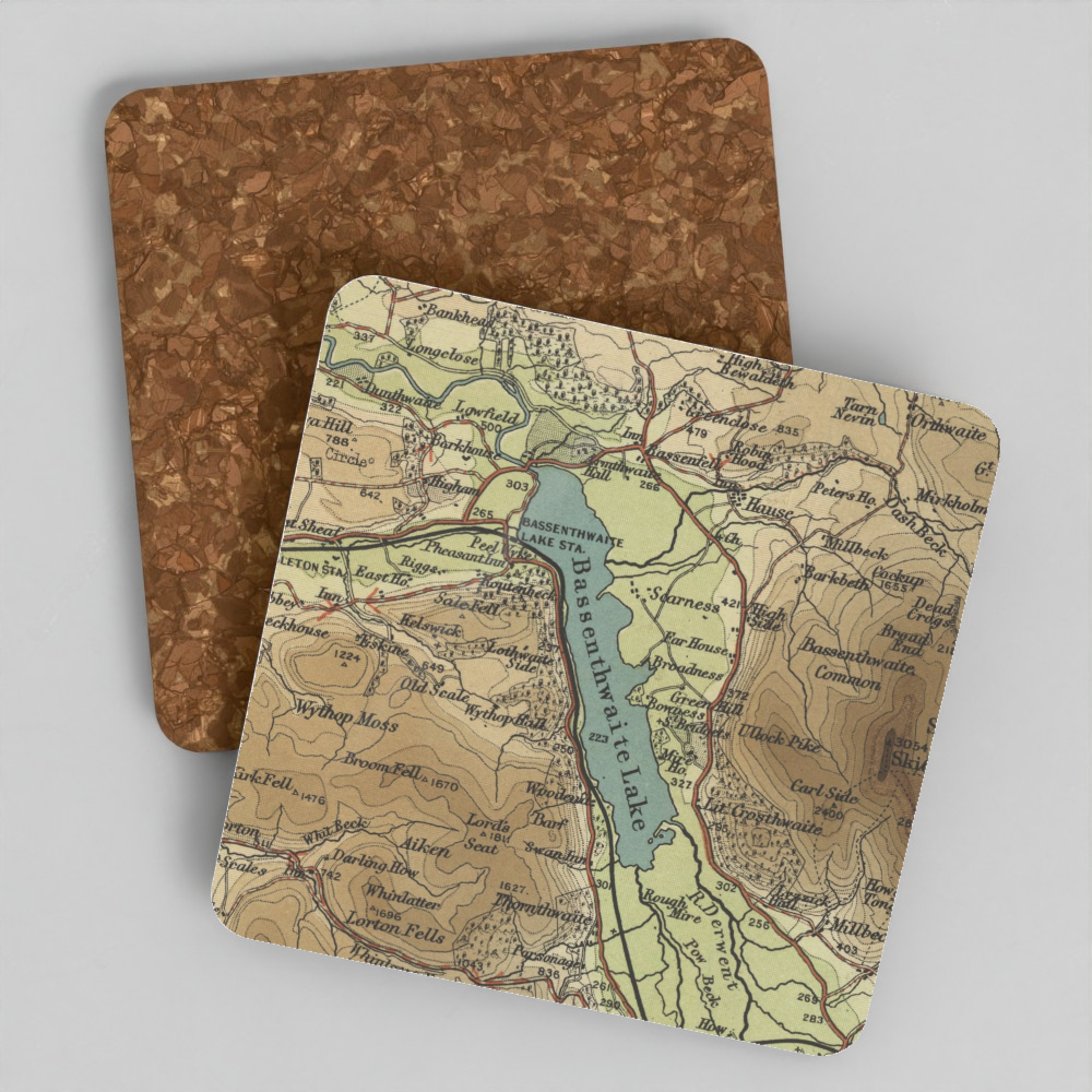 Bassenthwaite Lake historic map coaster, Bartholomew Half-Inch, 1903