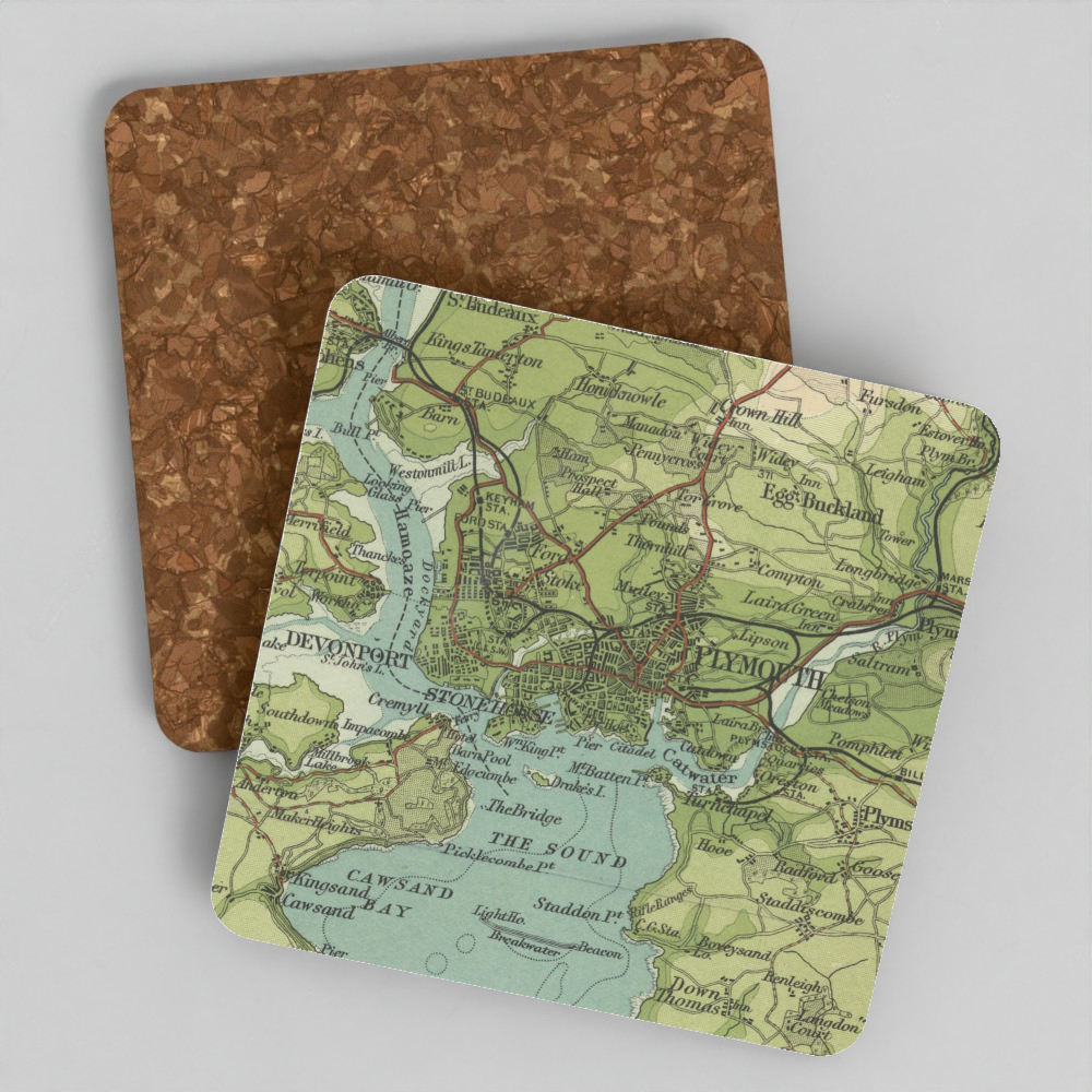 Plymouth historic map coaster, Bartholomew Half-Inch, 1903