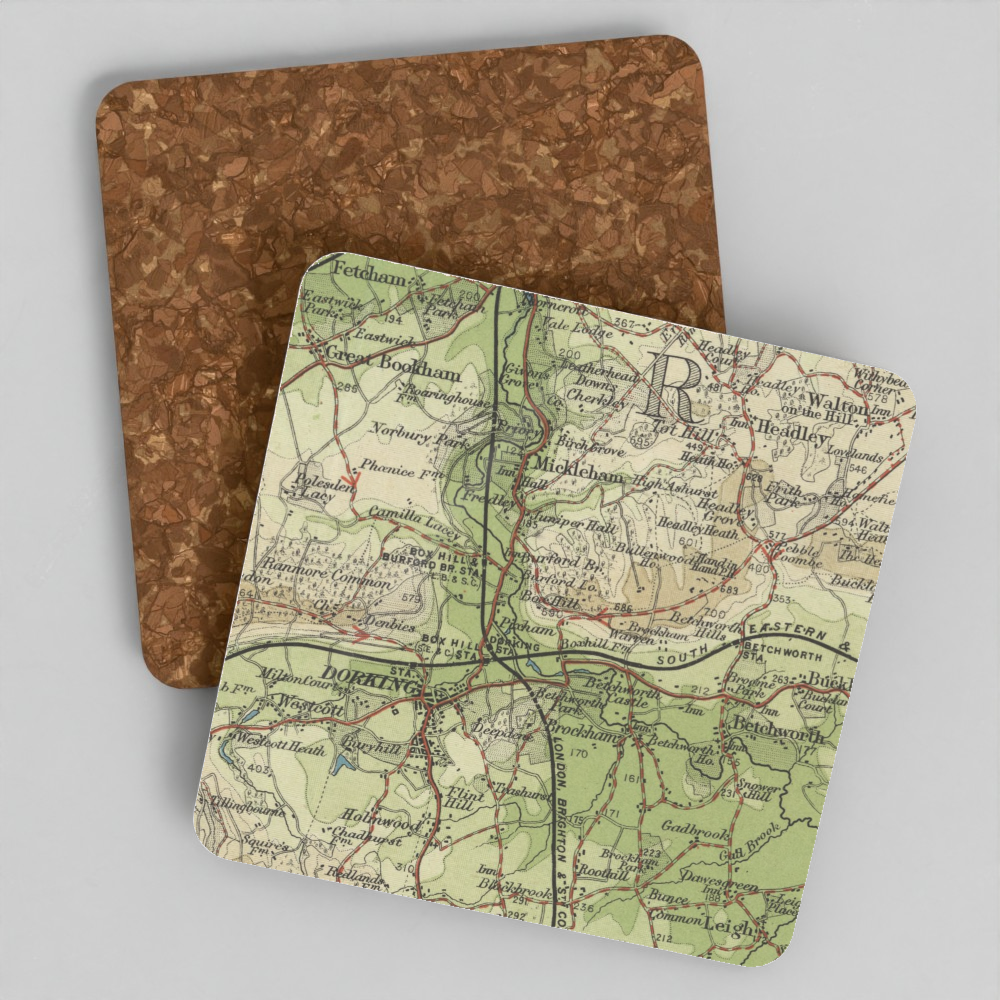 Box Hill historic map coaster, Bartholomew Half-Inch, 1903