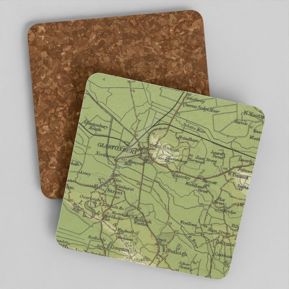 Glastonbury Tor historic map coaster, Bartholomew Half-Inch, 1902
