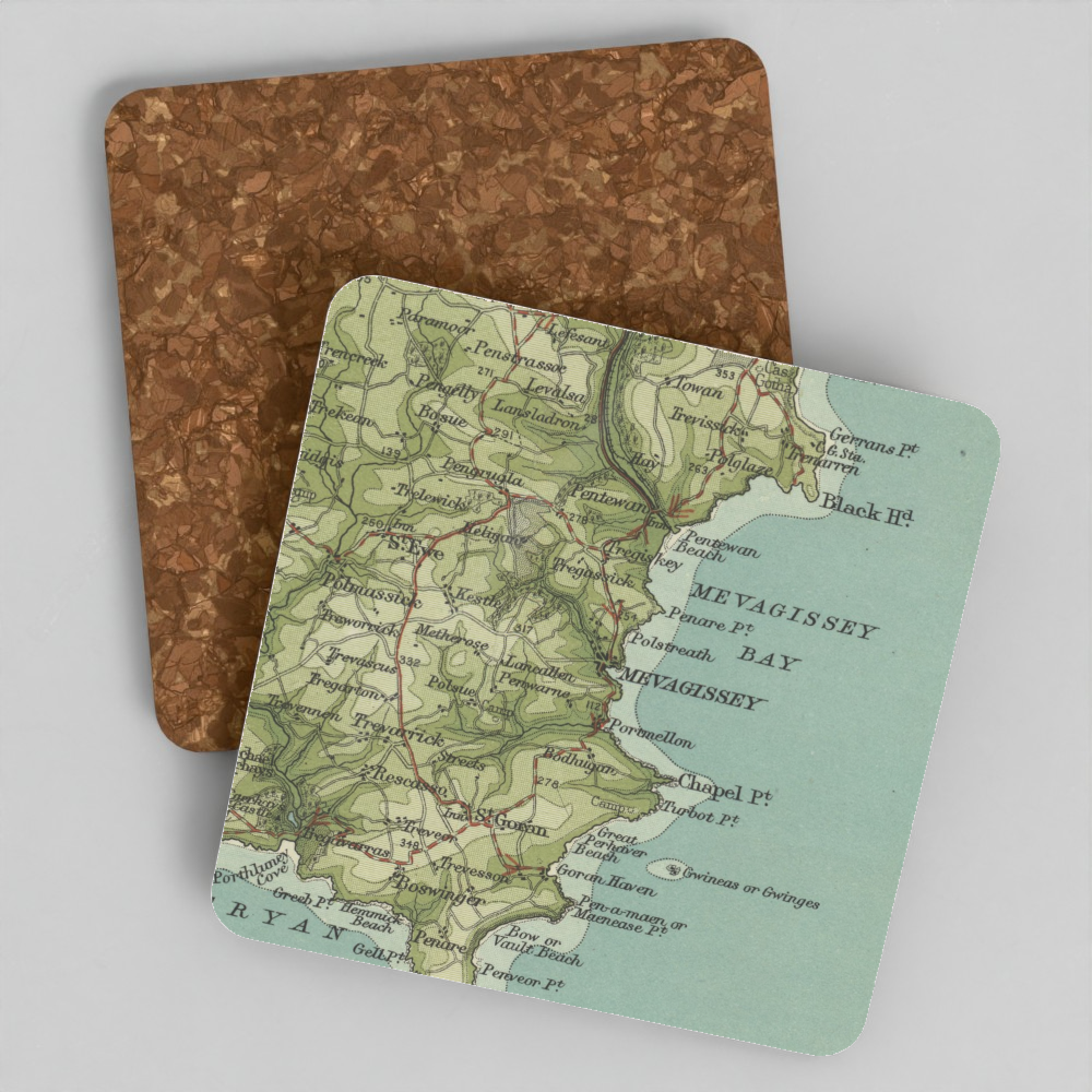 Mevagissey historic map coaster, Bartholomew Half-Inch, 1903