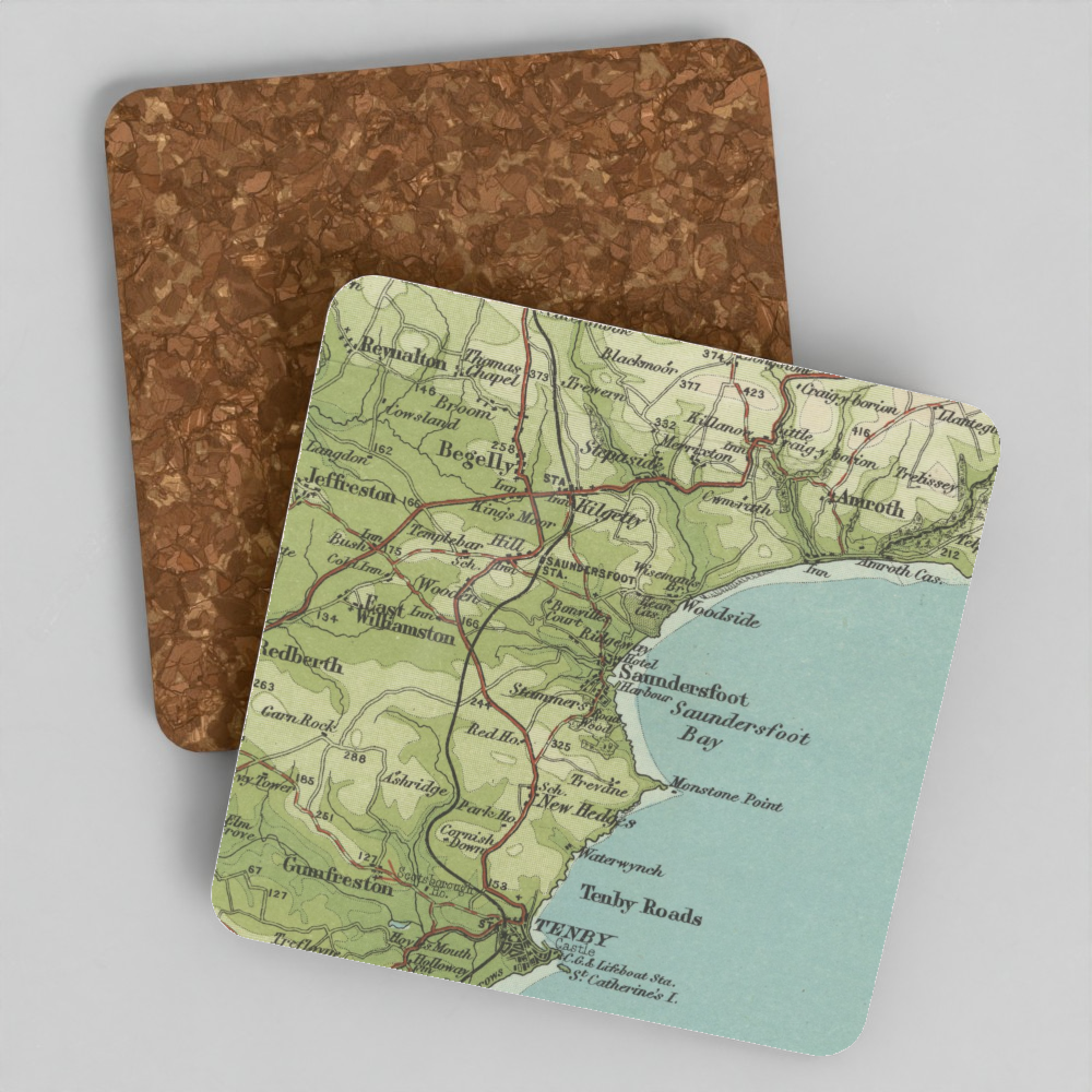 Saundersfoot historic map coaster, Bartholomew Half-Inch, 1903