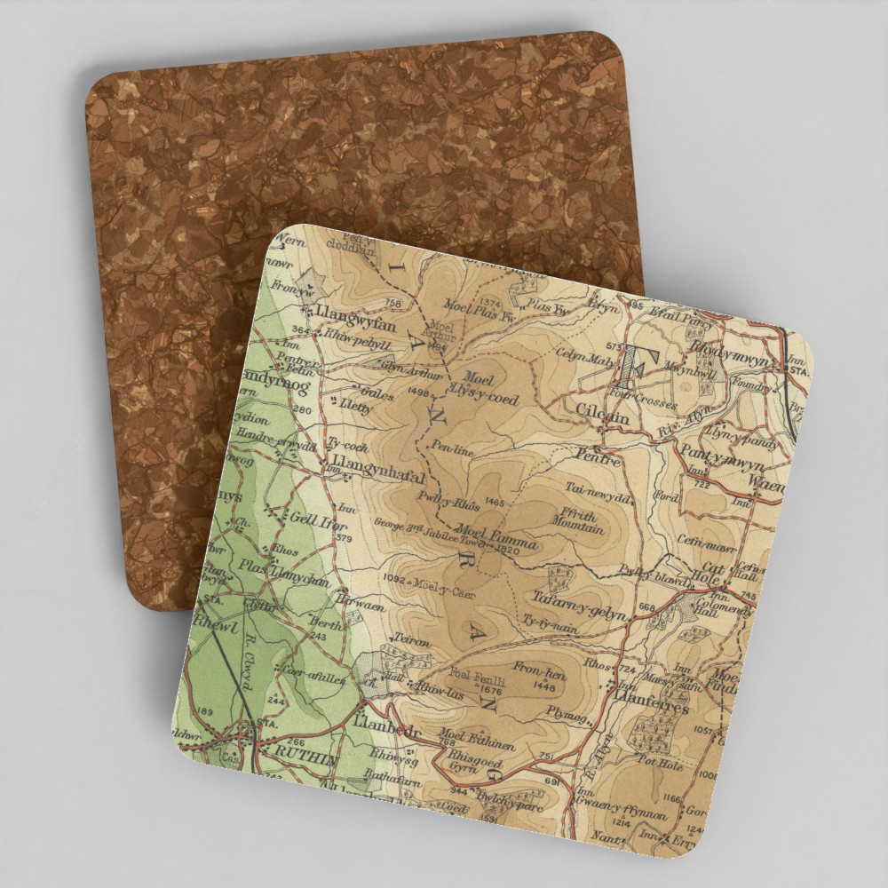 Moel Famau historic map coaster, Bartholomew Half-Inch, 1902