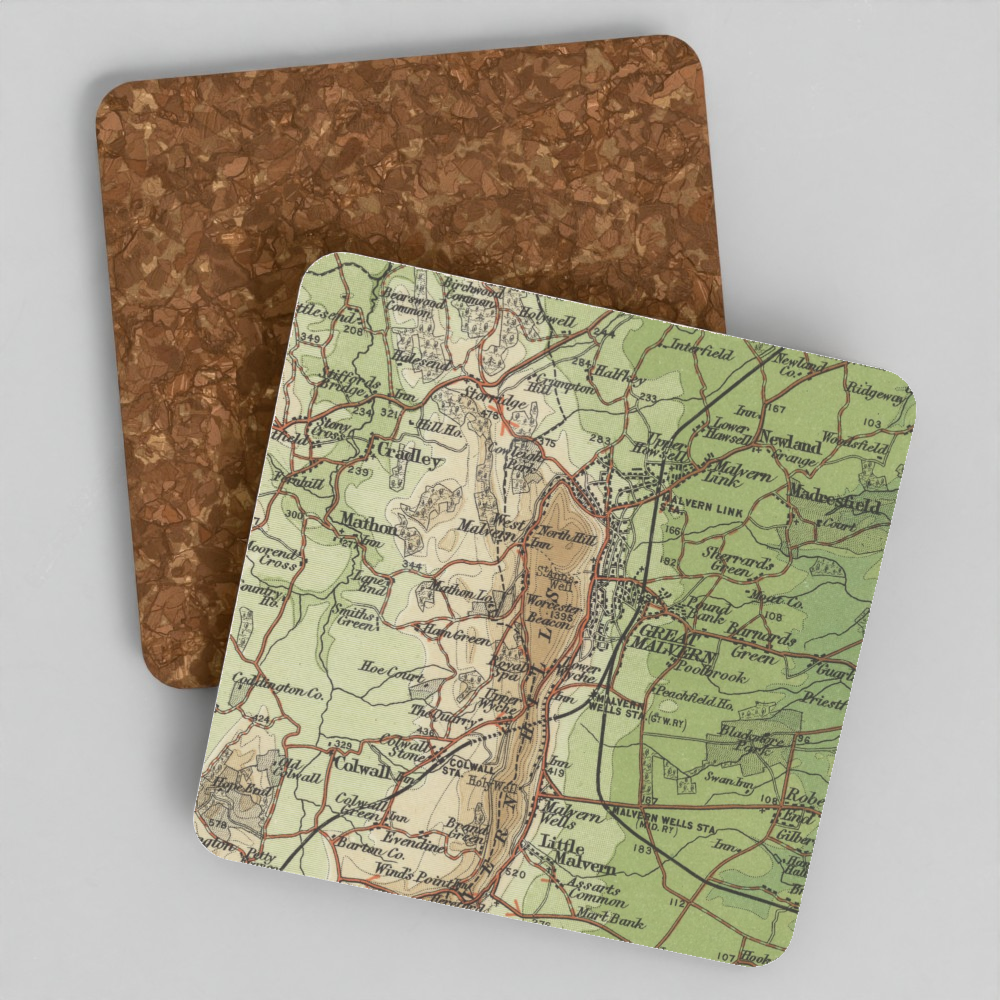 Worcestershire Beacon historic map coaster, Bartholomew Half-Inch, 1902