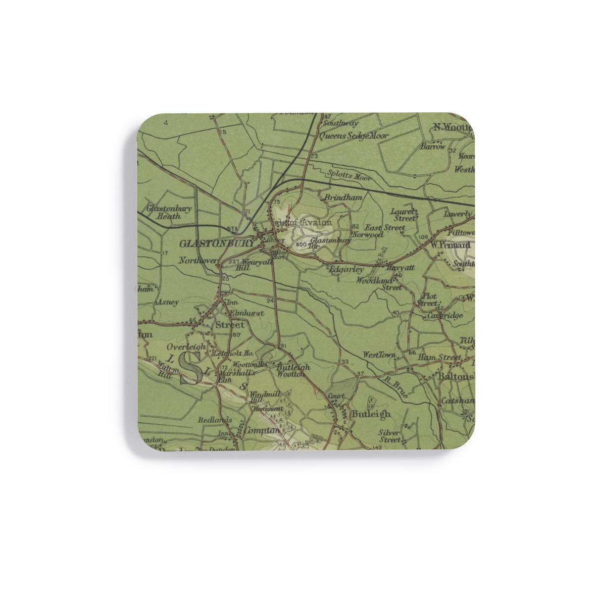Glastonbury Tor historic map coaster, Bartholomew Half-Inch, 1902 — product view 2