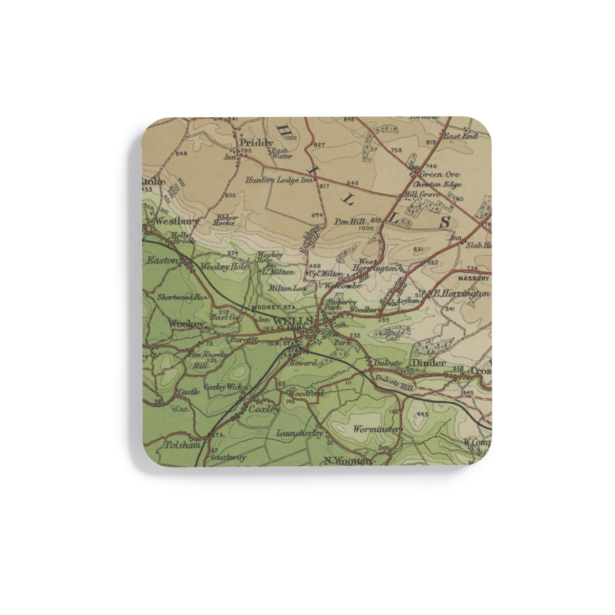 Wells historic map coaster, Bartholomew Half-Inch, 1904 — product view 2