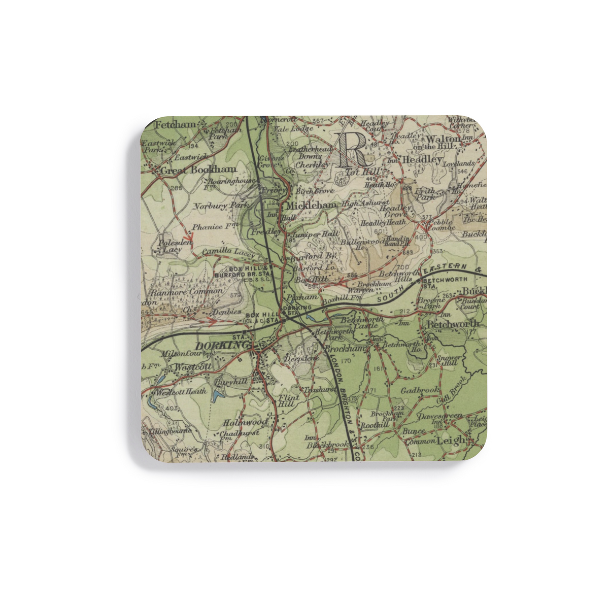 Box Hill historic map coaster, Bartholomew Half-Inch, 1903 — product view 2