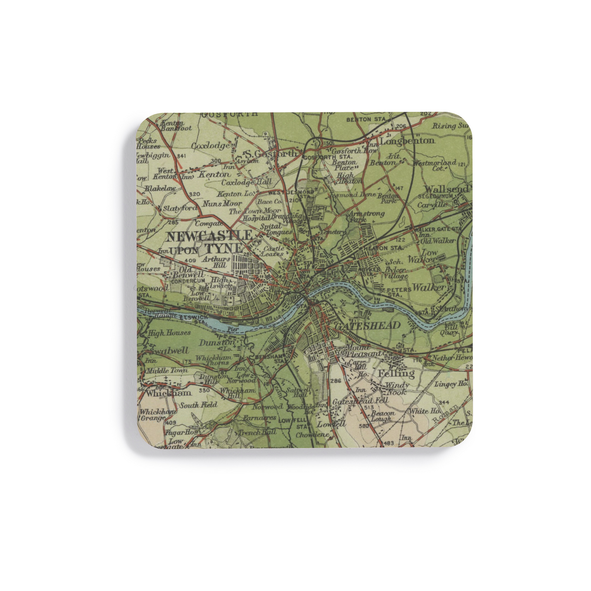 Newcastle-upon-Tyne historic map coaster, Bartholomew Half-Inch, 1902 — product view 2