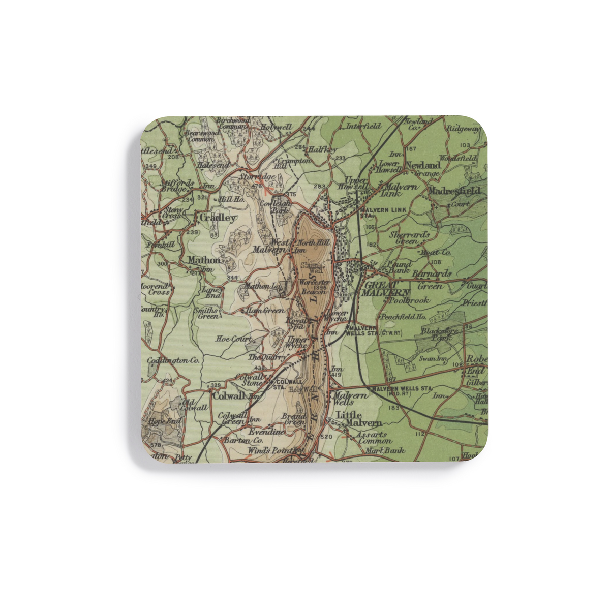 Worcestershire Beacon historic map coaster, Bartholomew Half-Inch, 1902 — product view 2