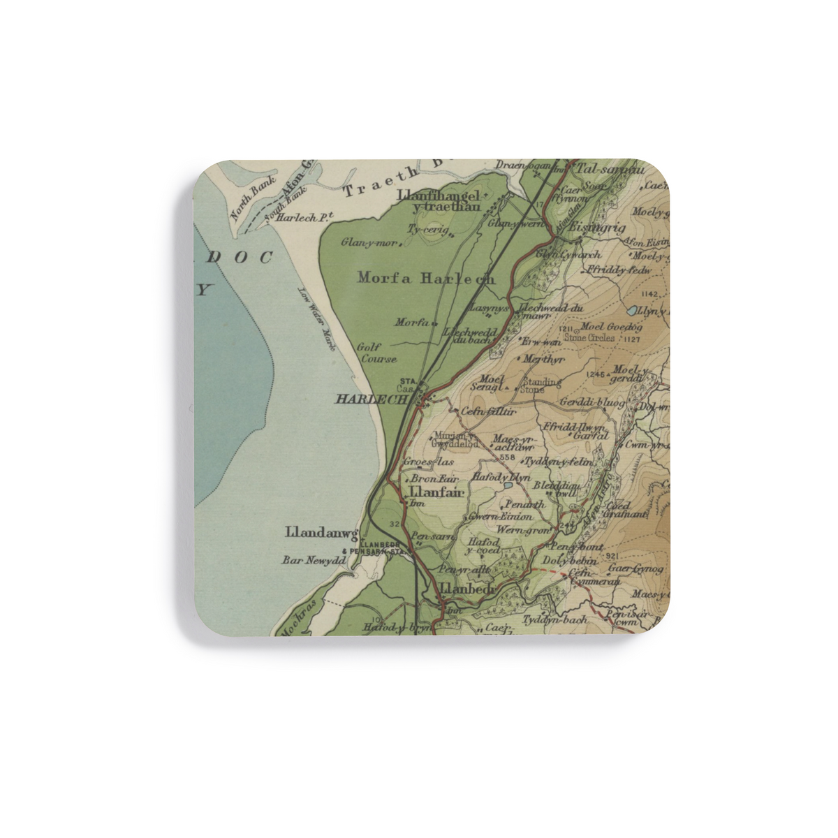 Harlech historic map coaster, Bartholomew Half-Inch, 1904 — product view 2