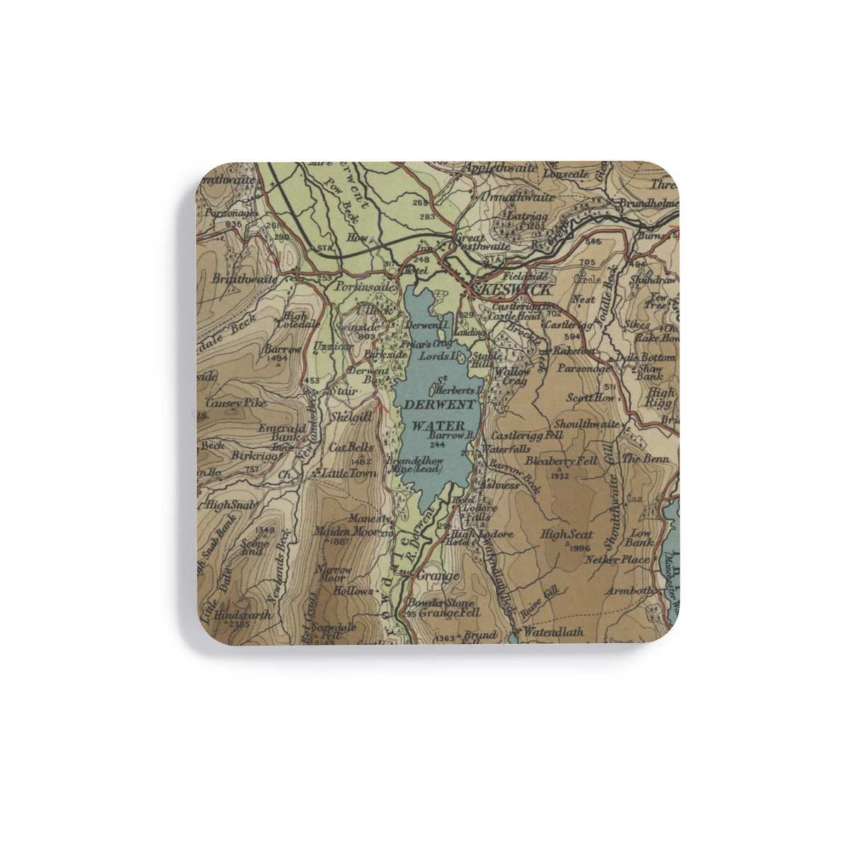 Derwentwater historic map coaster, Bartholomew Half-Inch, 1903 — product view 2