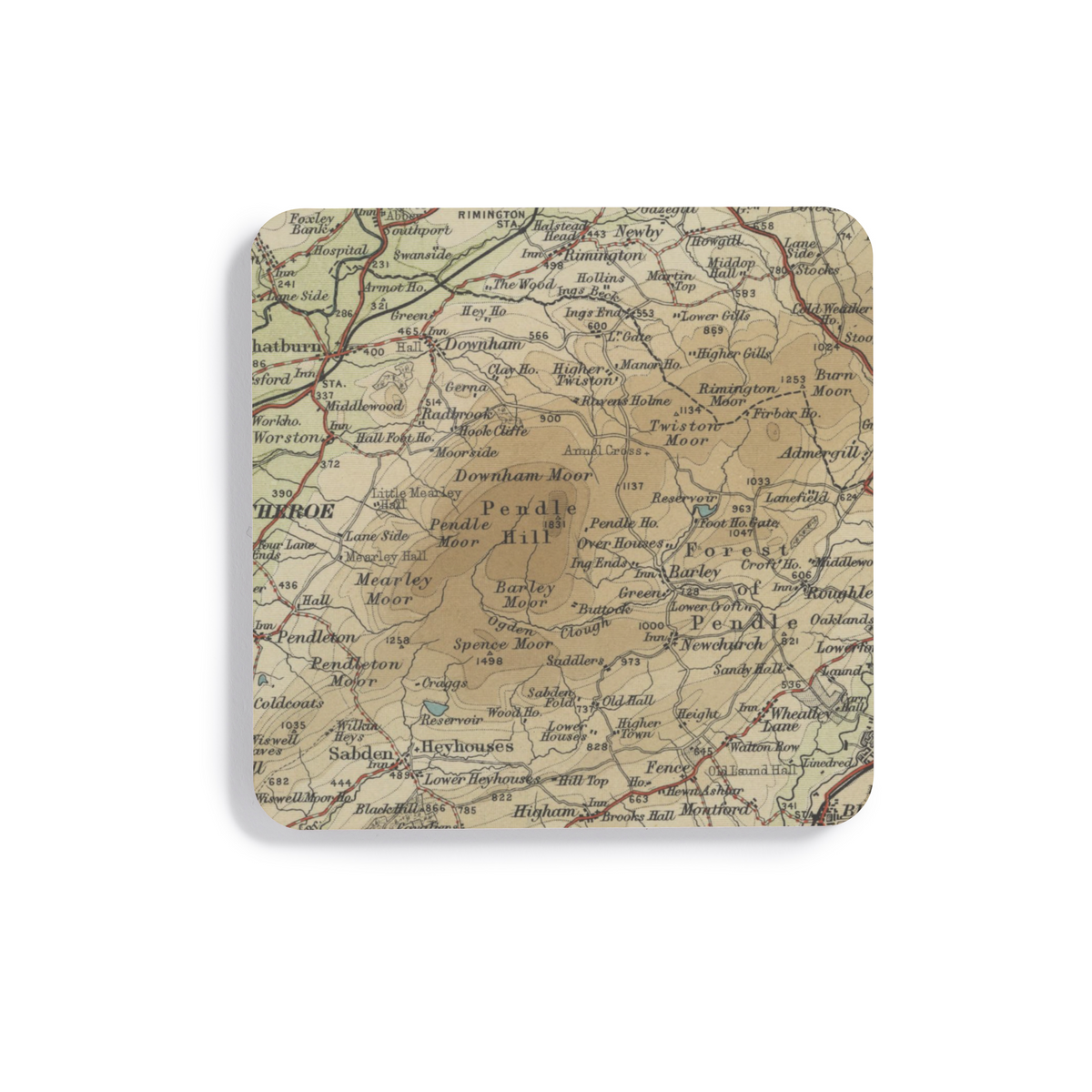 Pendle Hill historic map coaster, Bartholomew Half-Inch, 1906 — product view 2