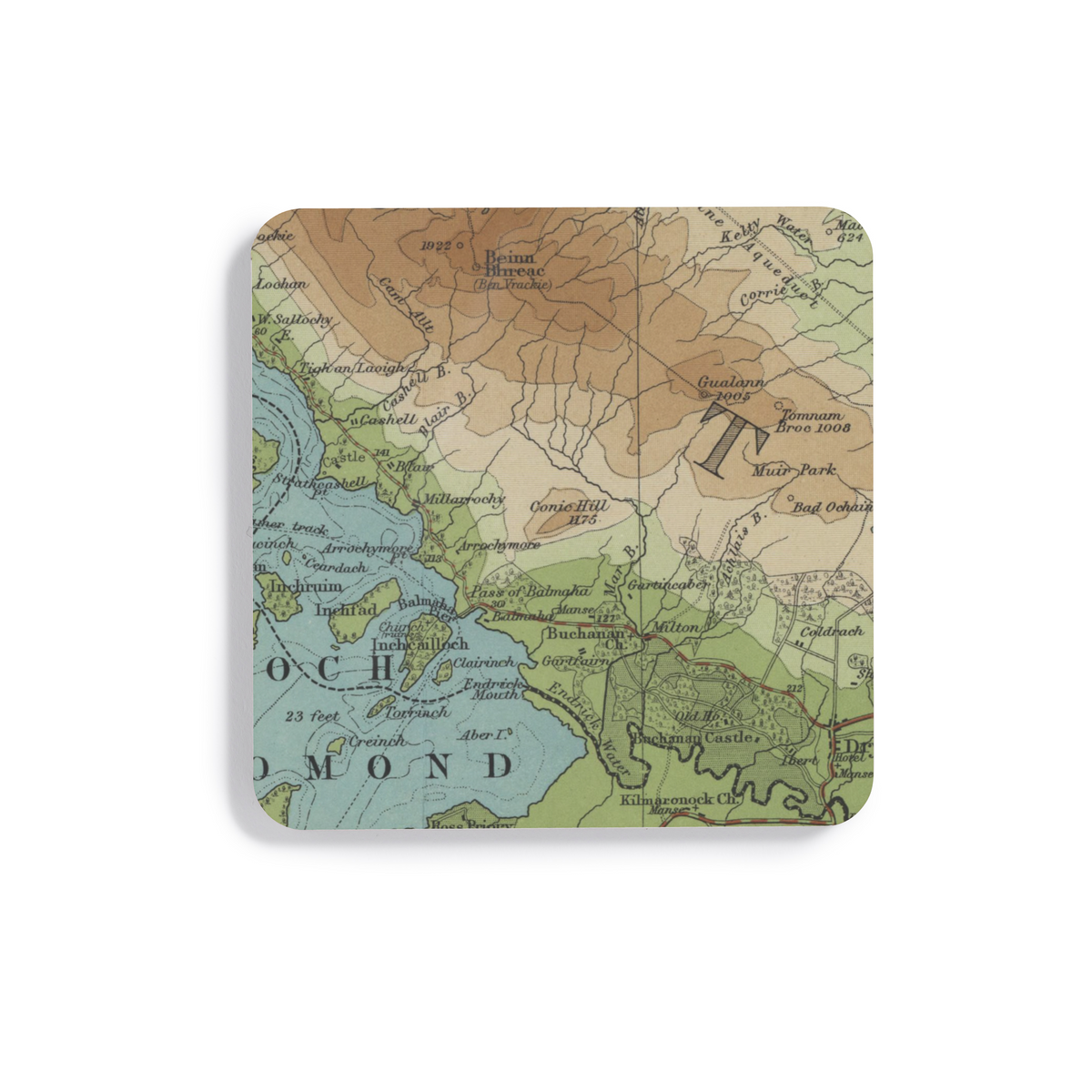 Conic Hill historic map coaster, Bartholomew Half-Inch, 1902 — product view 2