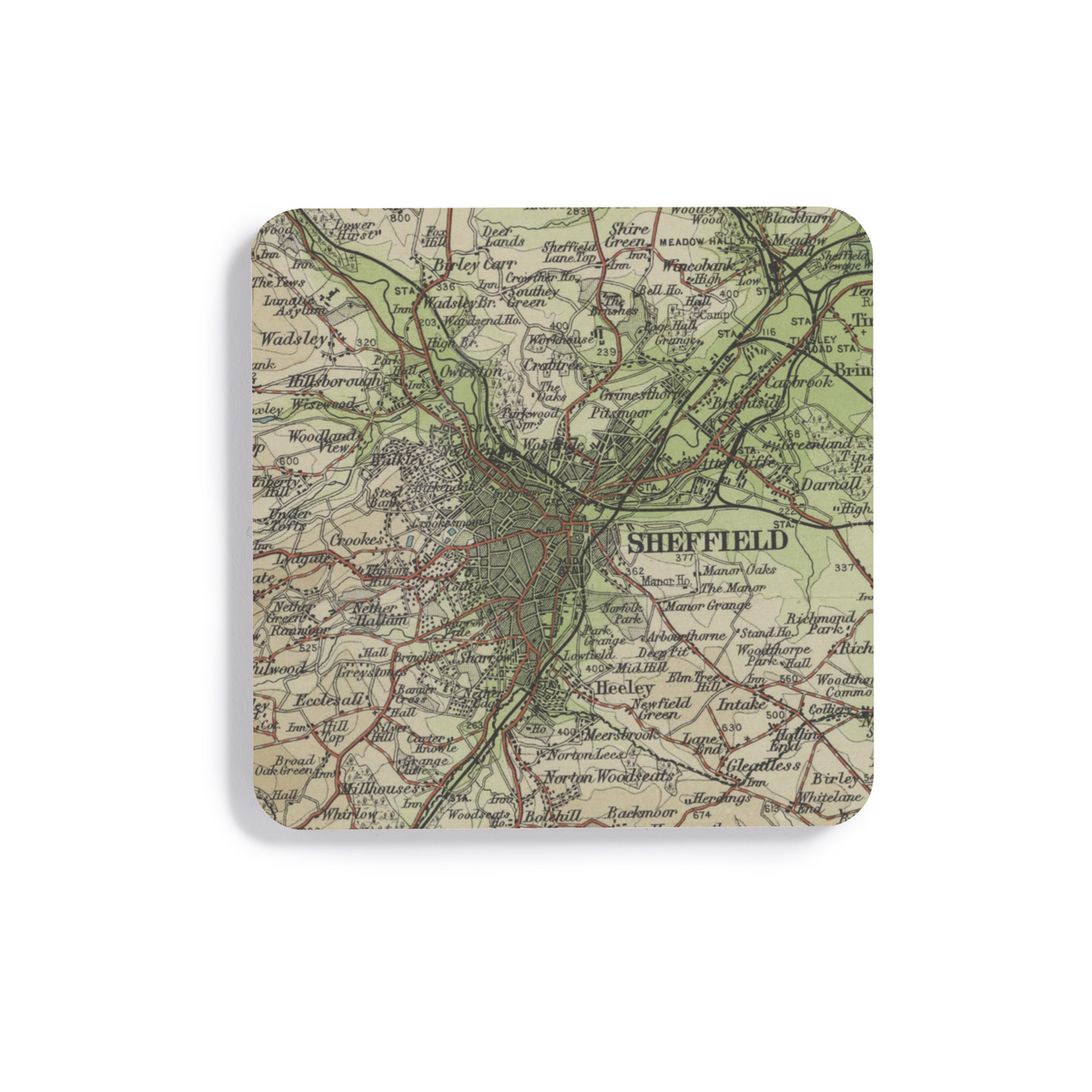 Sheffield historic map coaster, Bartholomew Half-Inch, 1904 — product view 2