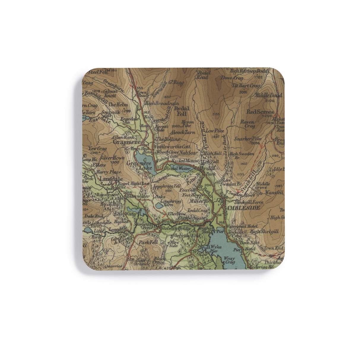 Rydal Water historic map coaster, Bartholomew Half-Inch, 1903 — product view 2