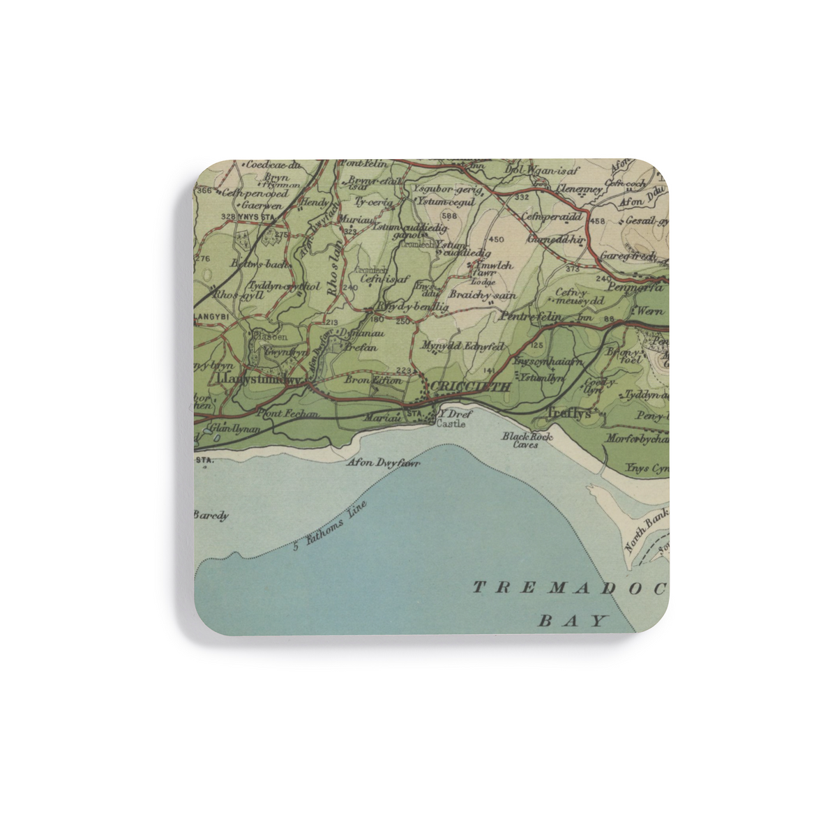 Criccieth historic map coaster, Bartholomew Half-Inch, 1904 — product view 2