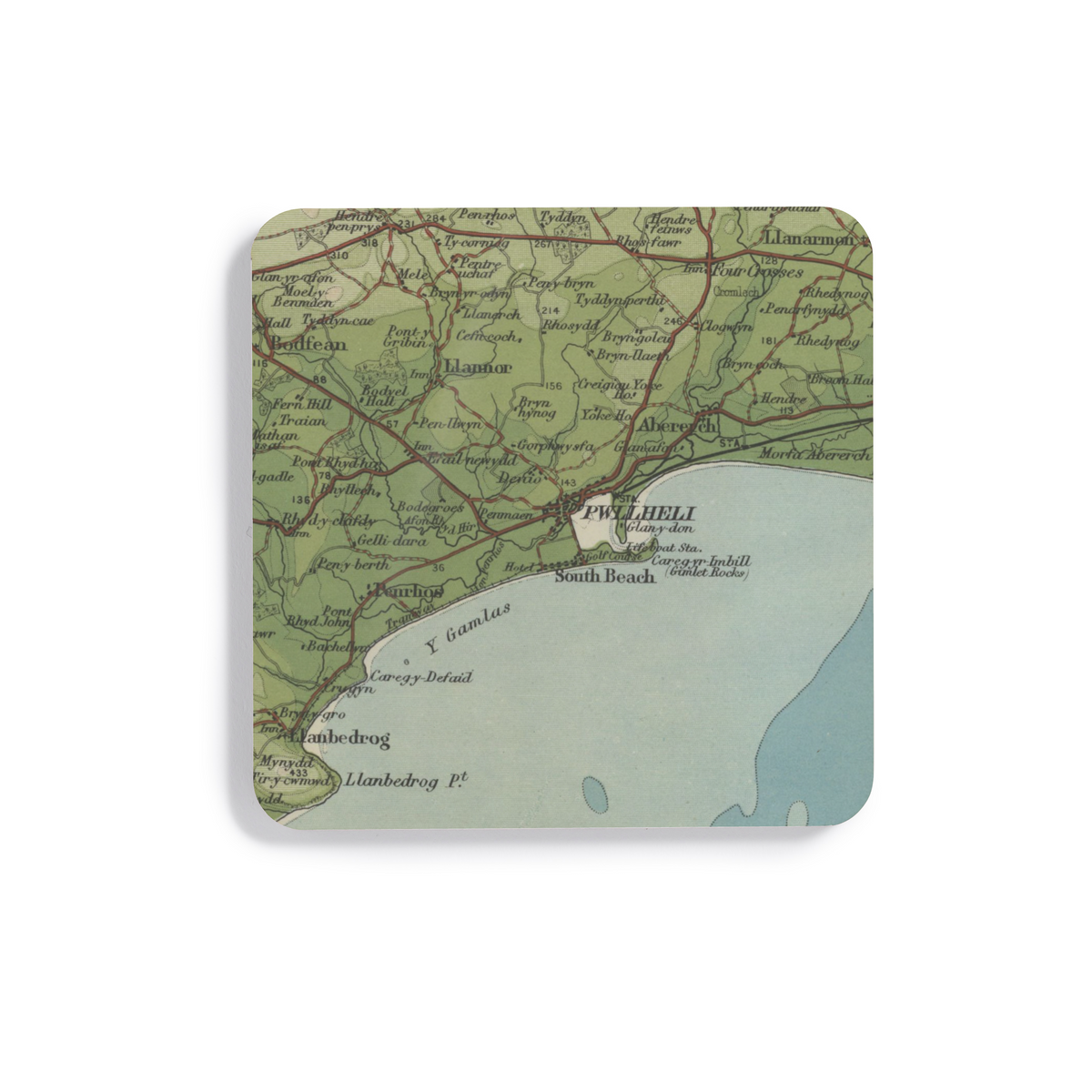 Pwllheli historic map coaster, Bartholomew Half-Inch, 1904 — product view 2