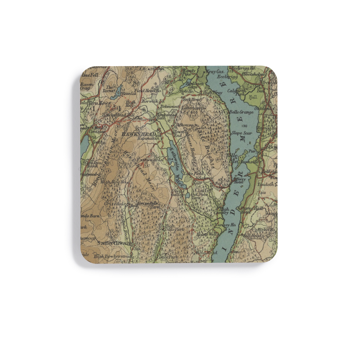 Esthwaite Water historic map coaster, Bartholomew Half-Inch, 1903 — product view 2