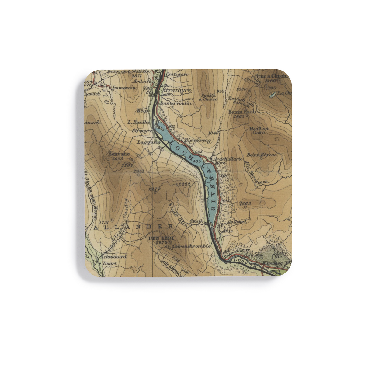 Loch Lubnaig historic map coaster, Bartholomew Half-Inch, 1903 — product view 2