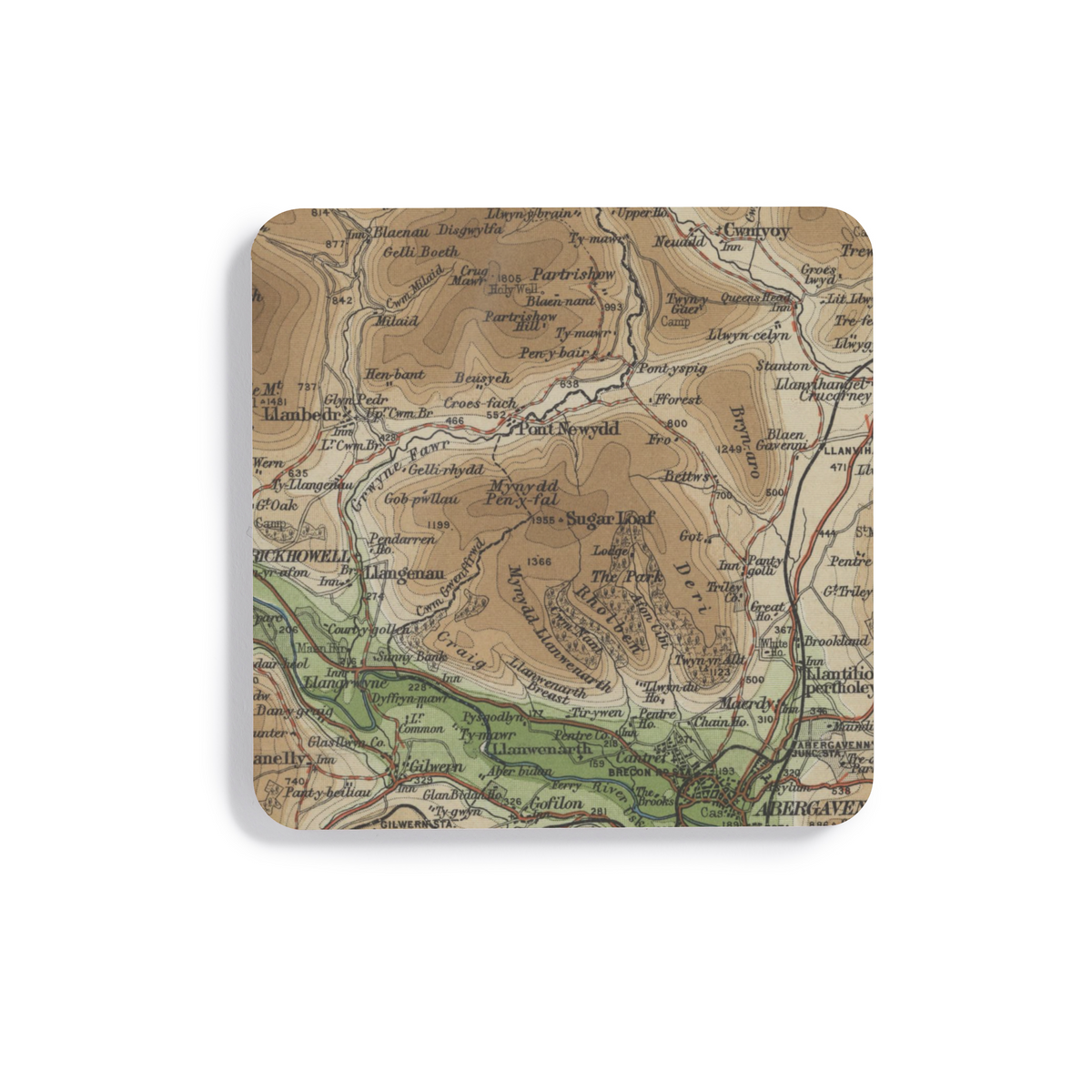 Sugar Loaf / Pen y Fal historic map coaster, Bartholomew Half-Inch, 1902 — product view 2