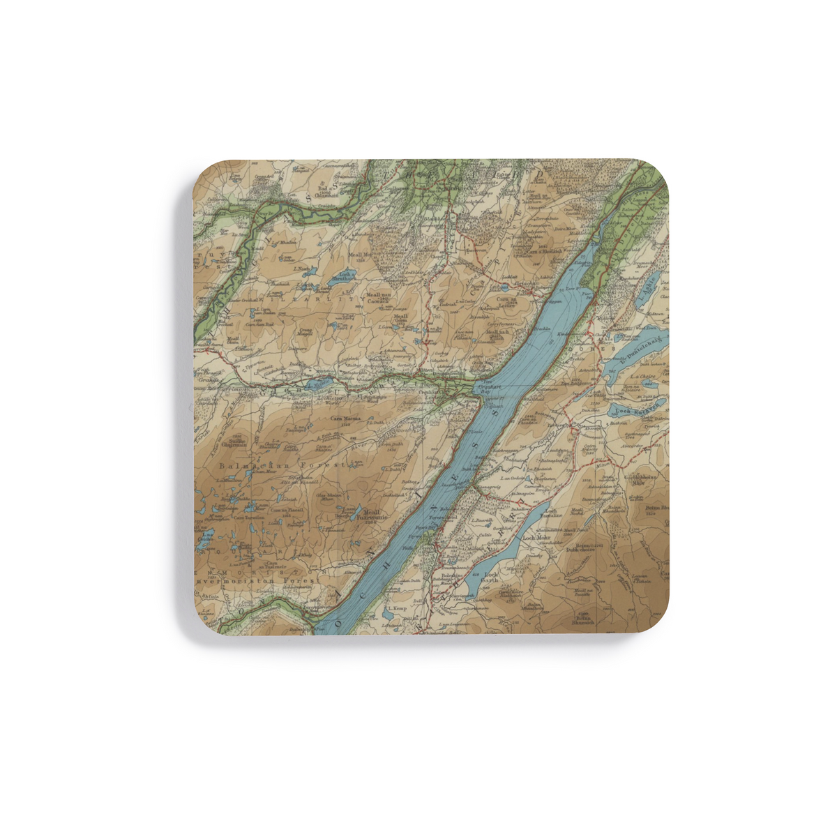 Loch Ness historic map coaster, Bartholomew Half-Inch, 1902 — product view 2
