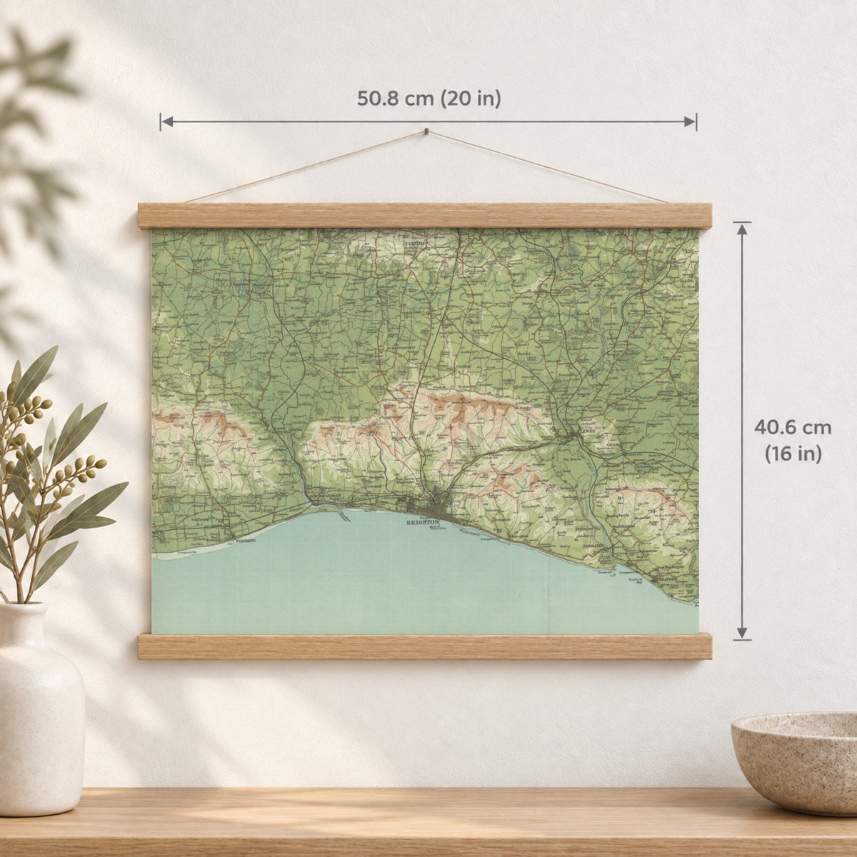 Brighton & Hove historic map print, Bartholomew Half-Inch, 1902 — 20 × 16 in · landscape, Canvas, black hanger and Canvas, natural oak hanger and Canvas, white hanger and Fine art paper, black hanger and Fine art paper, natural oak hanger and Fine art paper, no hanger and Fine art paper, white hanger, hanger front mockup