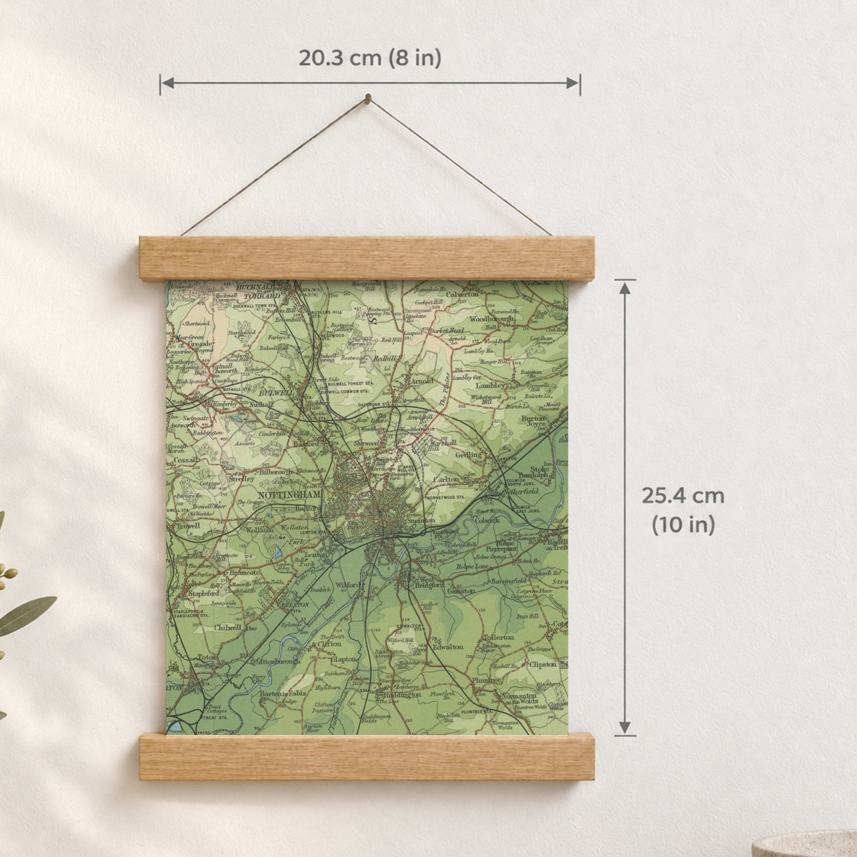 Nottingham historic map print, Bartholomew Half-Inch, 1902 — 8 × 10 in · portrait, Canvas, black hanger and Canvas, natural oak hanger and Canvas, white hanger and Fine art paper, black hanger and Fine art paper, natural oak hanger and Fine art paper, no hanger and Fine art paper, white hanger, hanger front mockup