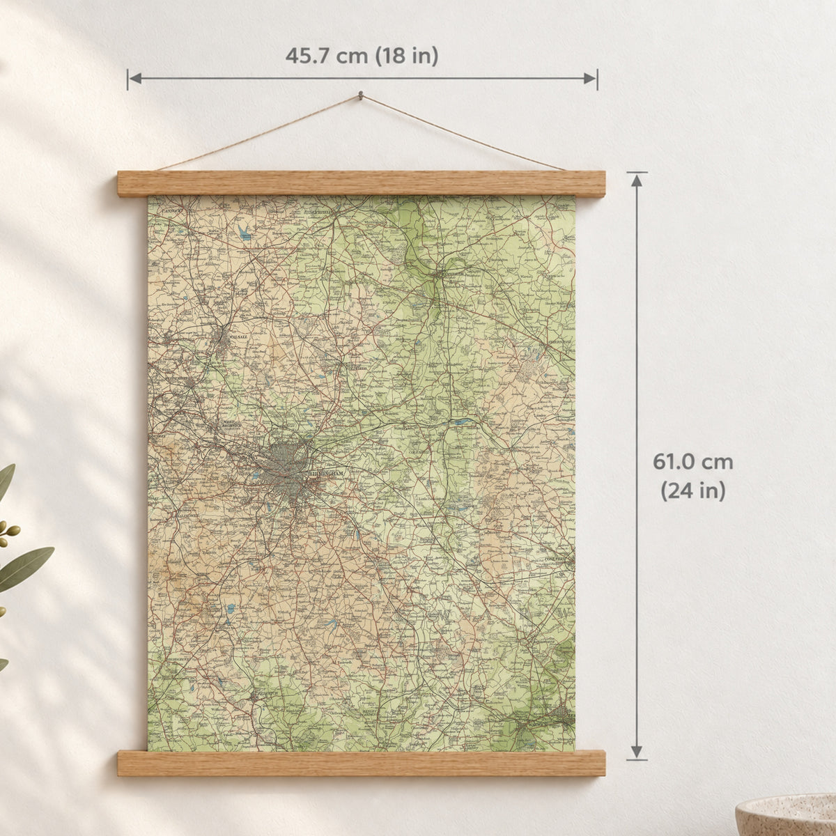 Birmingham historic map print, Bartholomew Half-Inch, 1903 — 18 × 24 in · portrait, Canvas, black hanger and Canvas, natural oak hanger and Canvas, white hanger and Fine art paper, black hanger and Fine art paper, natural oak hanger and Fine art paper, no hanger and Fine art paper, white hanger, hanger front mockup