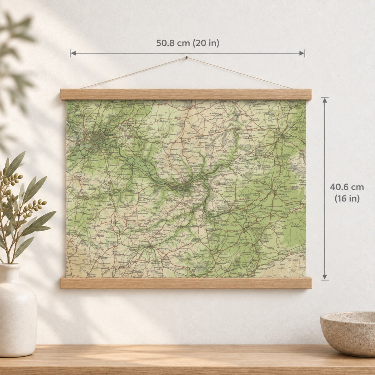Bath historic map print, Bartholomew Half-Inch, 1904 — 20 × 16 in · landscape, Canvas, black hanger and Canvas, natural oak hanger and Canvas, white hanger and Fine art paper, black hanger and Fine art paper, natural oak hanger and Fine art paper, no hanger and Fine art paper, white hanger, hanger front mockup