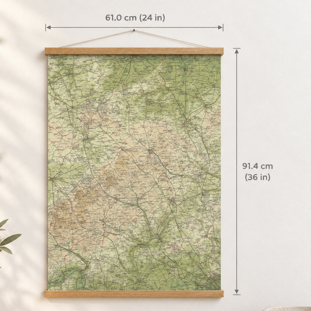 Milton Keynes historic map print, Bartholomew Half-Inch, 1903 — 24 × 36 in · portrait, Canvas, black hanger and Canvas, natural oak hanger and Canvas, white hanger and Fine art paper, black hanger and Fine art paper, natural oak hanger and Fine art paper, no hanger and Fine art paper, white hanger, hanger front mockup
