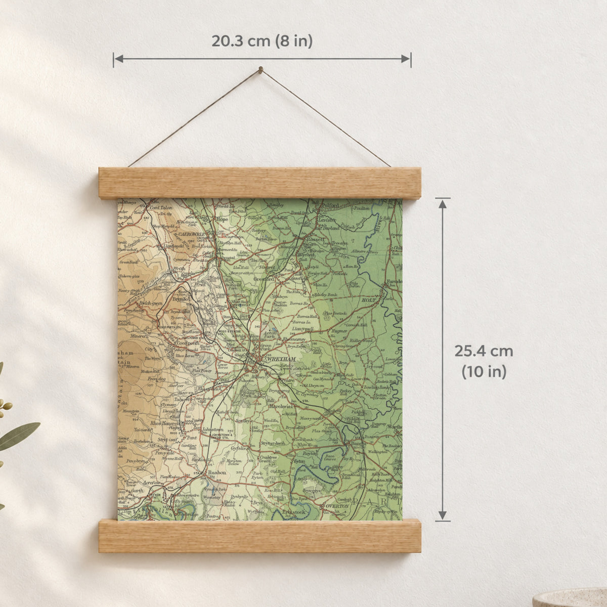 Wrexham historic map print, Bartholomew Half-Inch, 1902 — 8 × 10 in · portrait, Canvas, black hanger and Canvas, natural oak hanger and Canvas, white hanger and Fine art paper, black hanger and Fine art paper, natural oak hanger and Fine art paper, no hanger and Fine art paper, white hanger, hanger front mockup